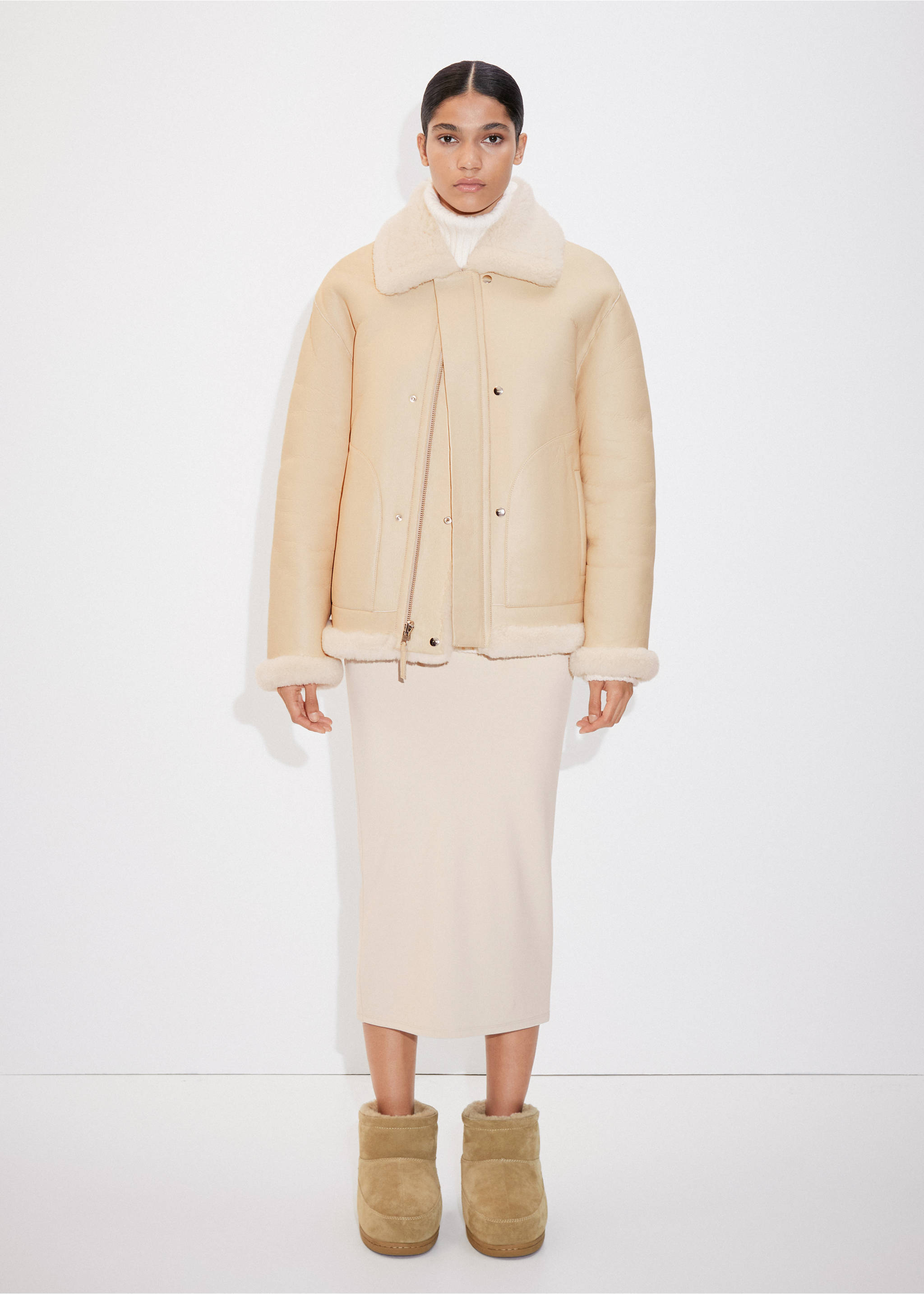 Reversible leather and fur-effect coat - General plane, Ecru. Ref: 57097739-00.