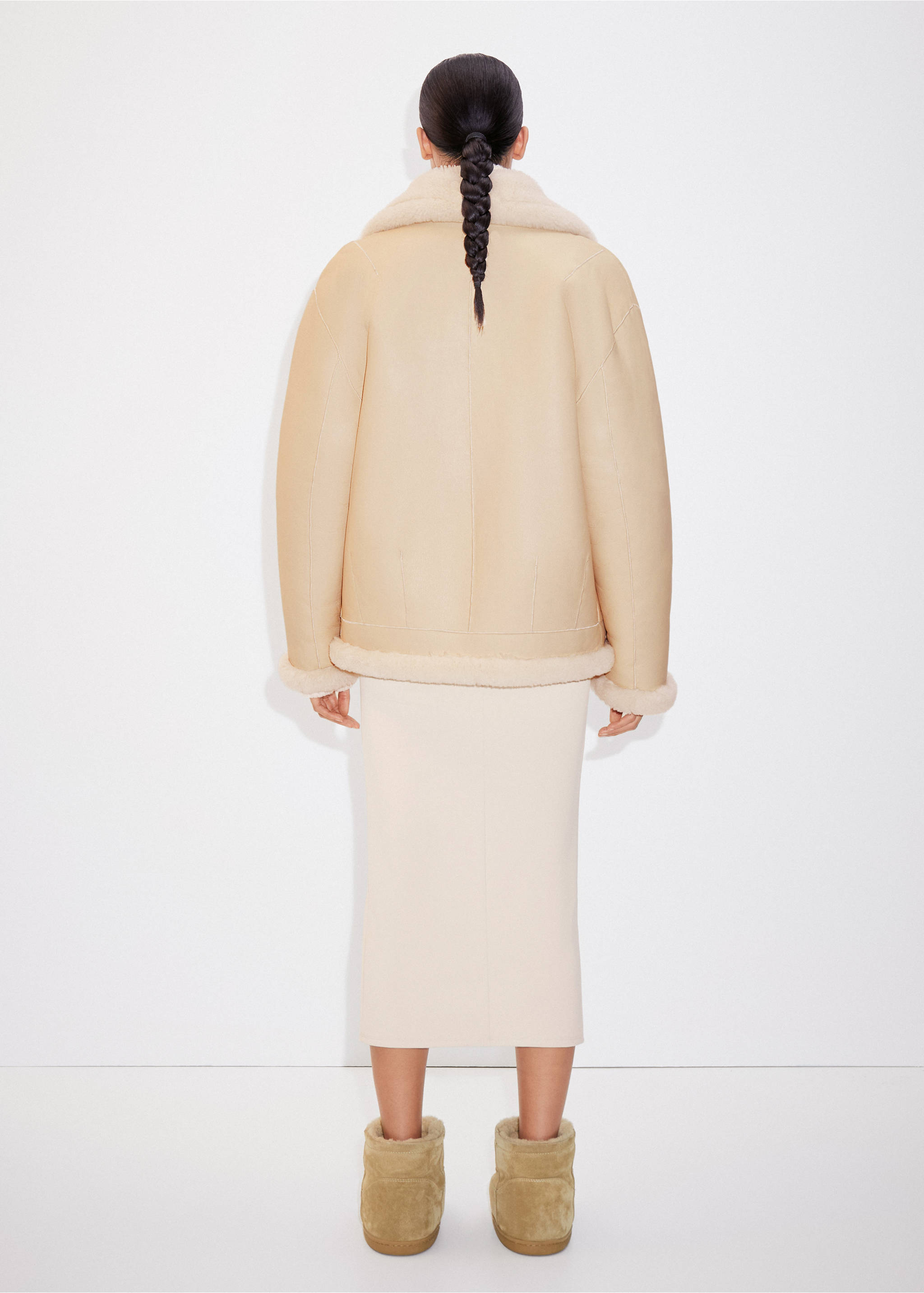 Reversible leather and fur-effect coat - Reverse of the article, Ecru. Ref: 57097739-00.