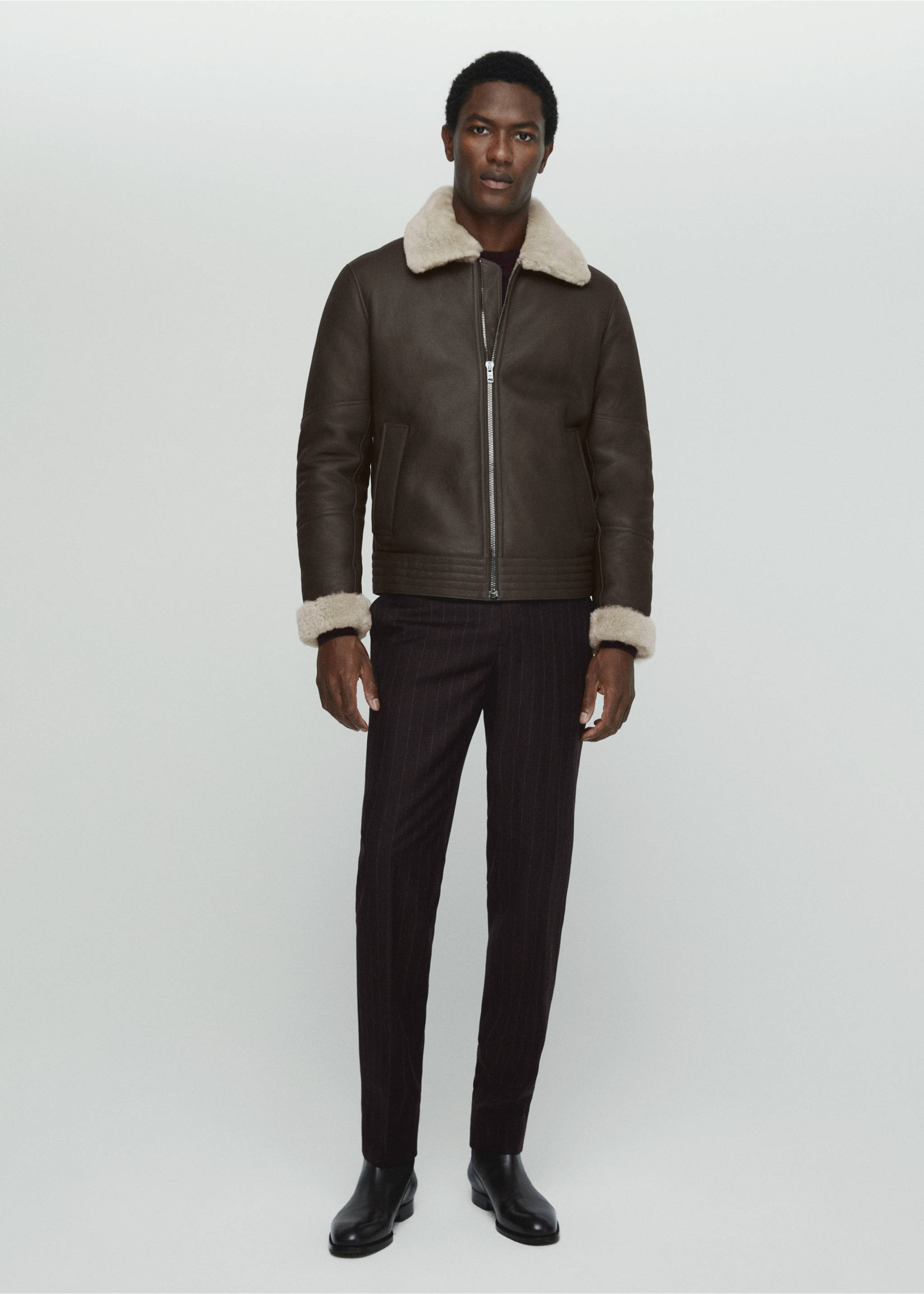 Shearling-lined leather aviator jacket - General plane, Grey. Ref: 57097897-00.