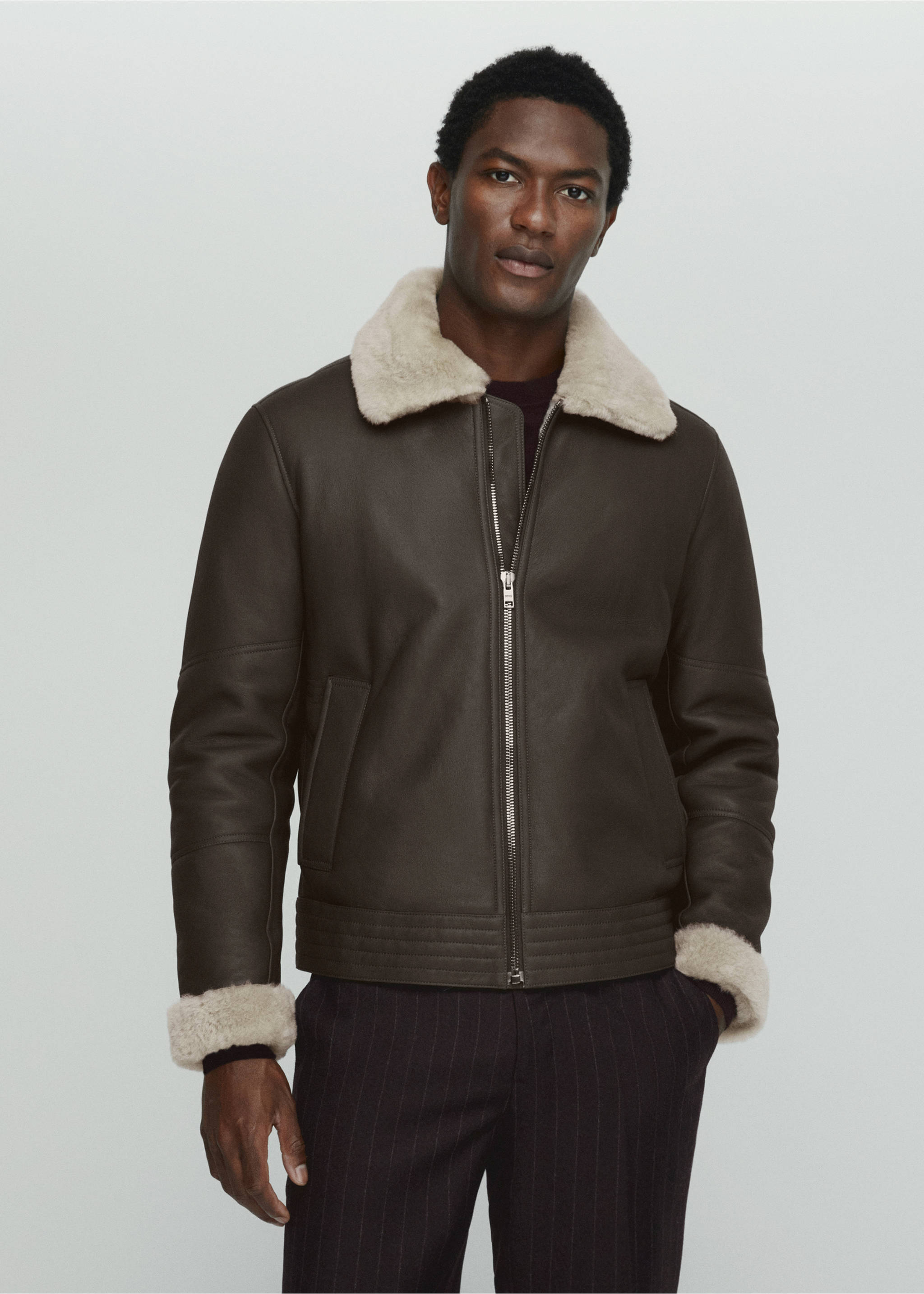 Shearling-lined leather aviator jacket - Medium plane, Grey. Ref: 57097897-00.