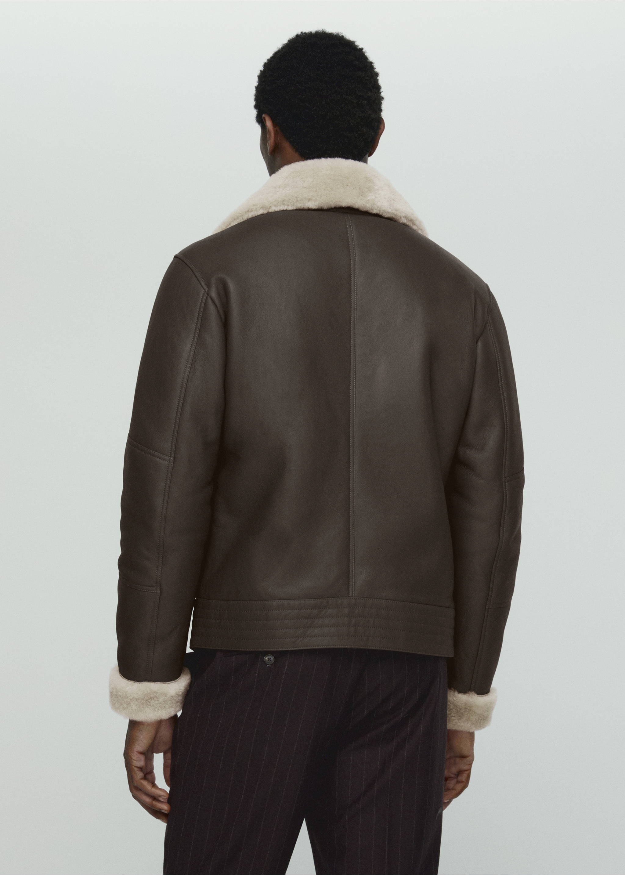 Shearling-lined leather aviator jacket - Reverse of the article, Grey. Ref: 57097897-00.