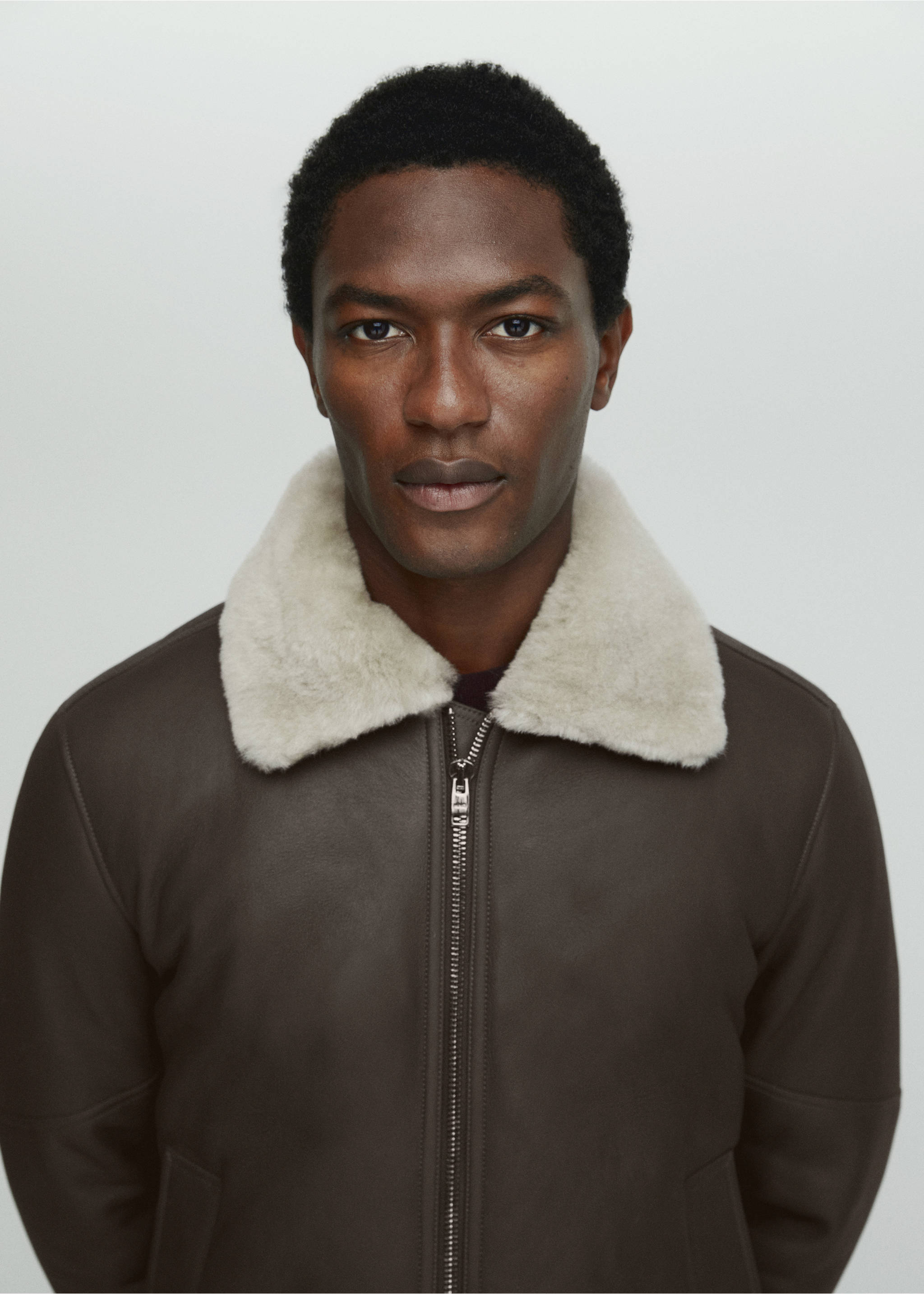 Shearling-lined leather aviator jacket - Details of the article 1, Grey. Ref: 57097897-00.