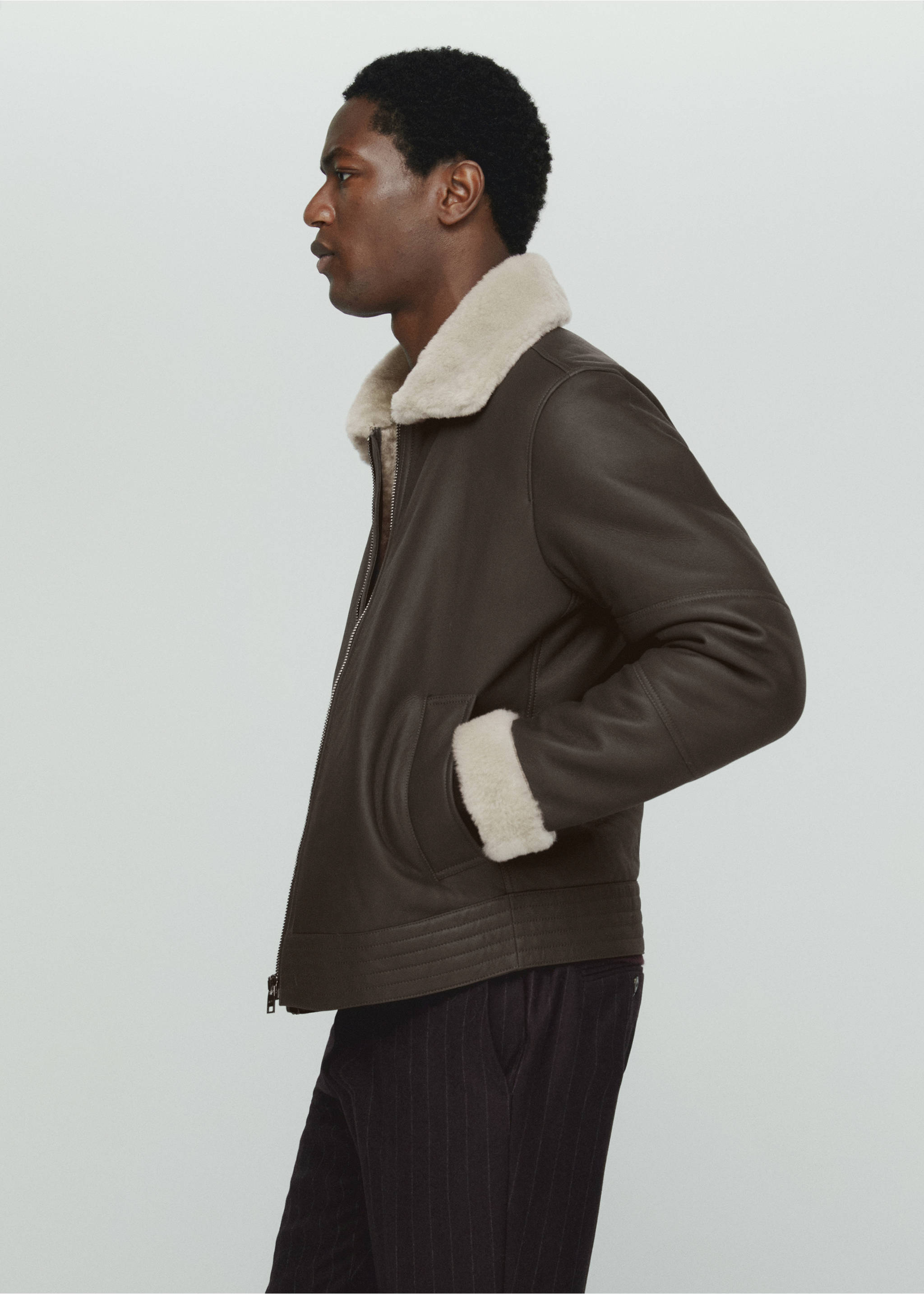 Shearling-lined leather aviator jacket - Details of the article 2, Grey. Ref: 57097897-00.