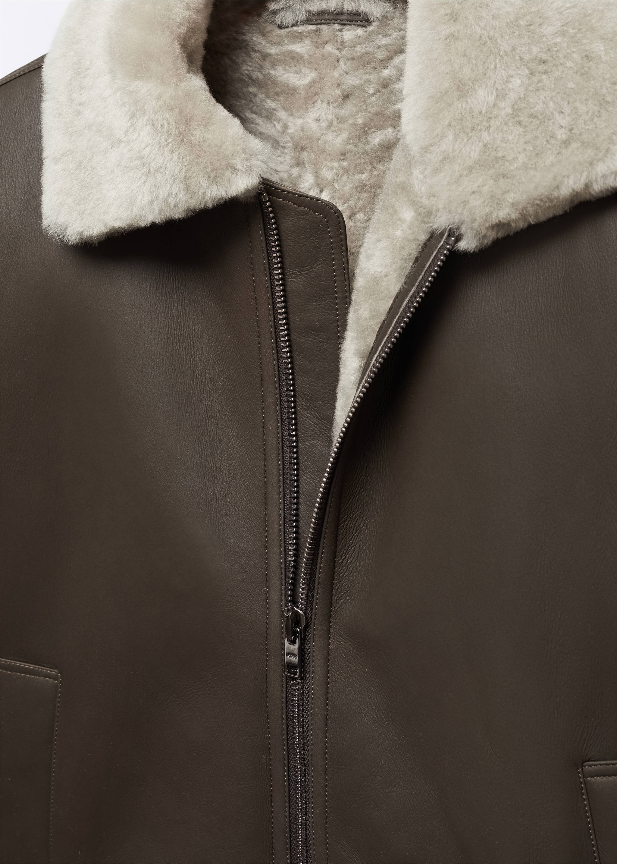 Shearling-lined leather aviator jacket - Details of the article 8, Grey. Ref: 57097897-00.
