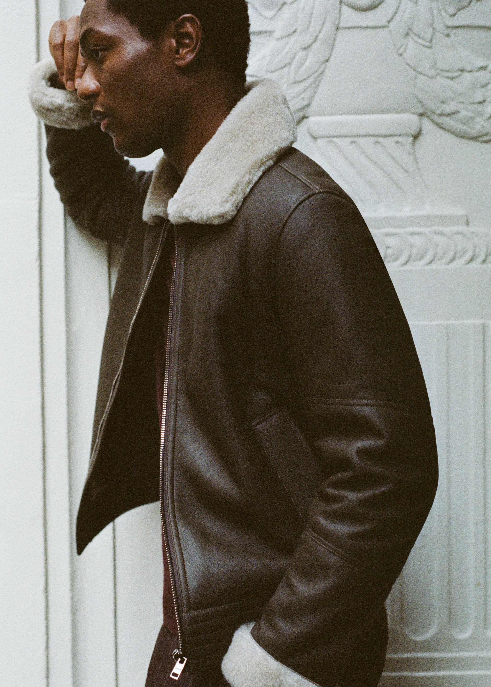 Shearling-lined leather aviator jacket - Details of the article 5, Grey. Ref: 57097897-00.