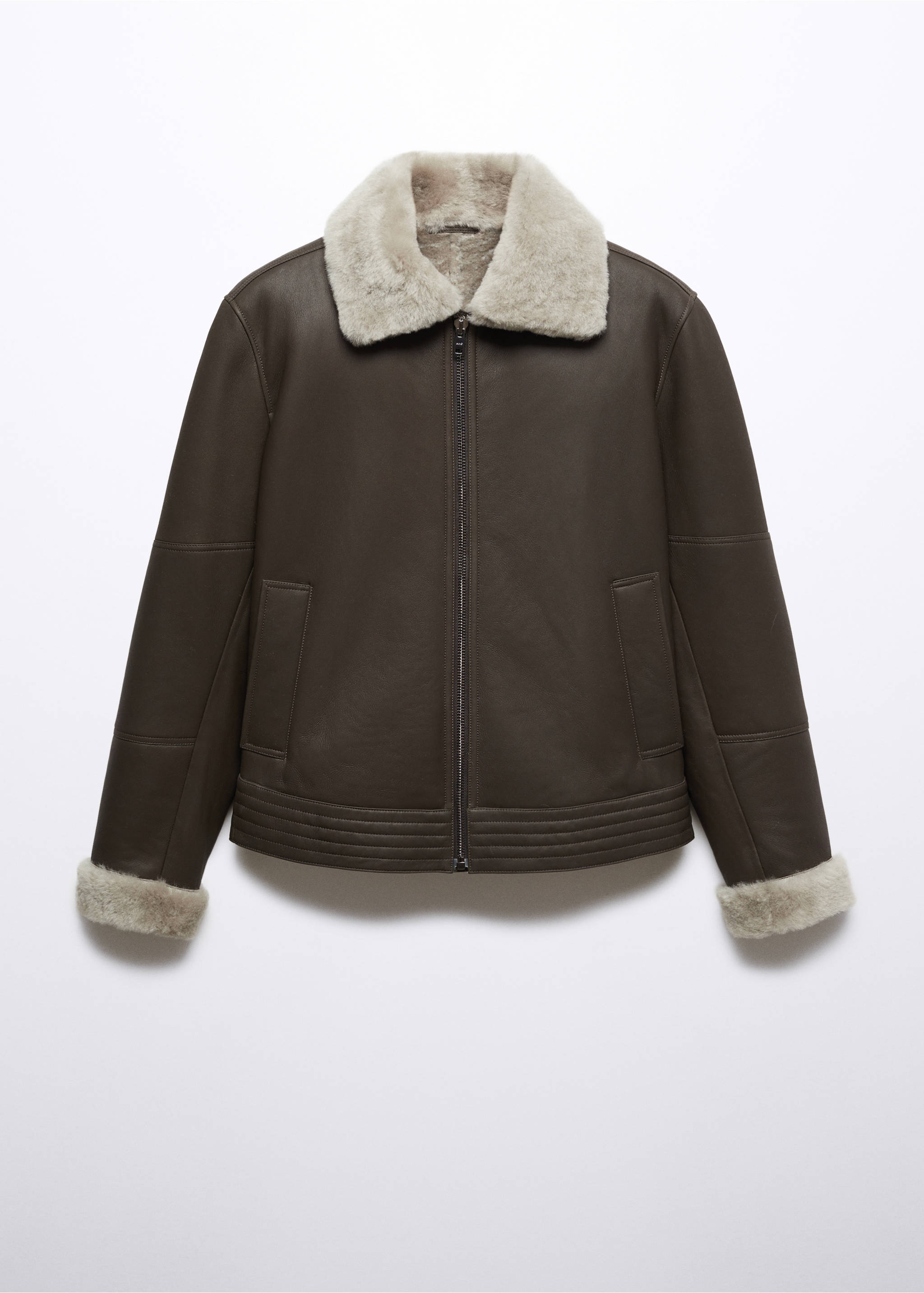 Shearling-lined leather aviator jacket - Article without model, Grey. Ref: 57097897-00.