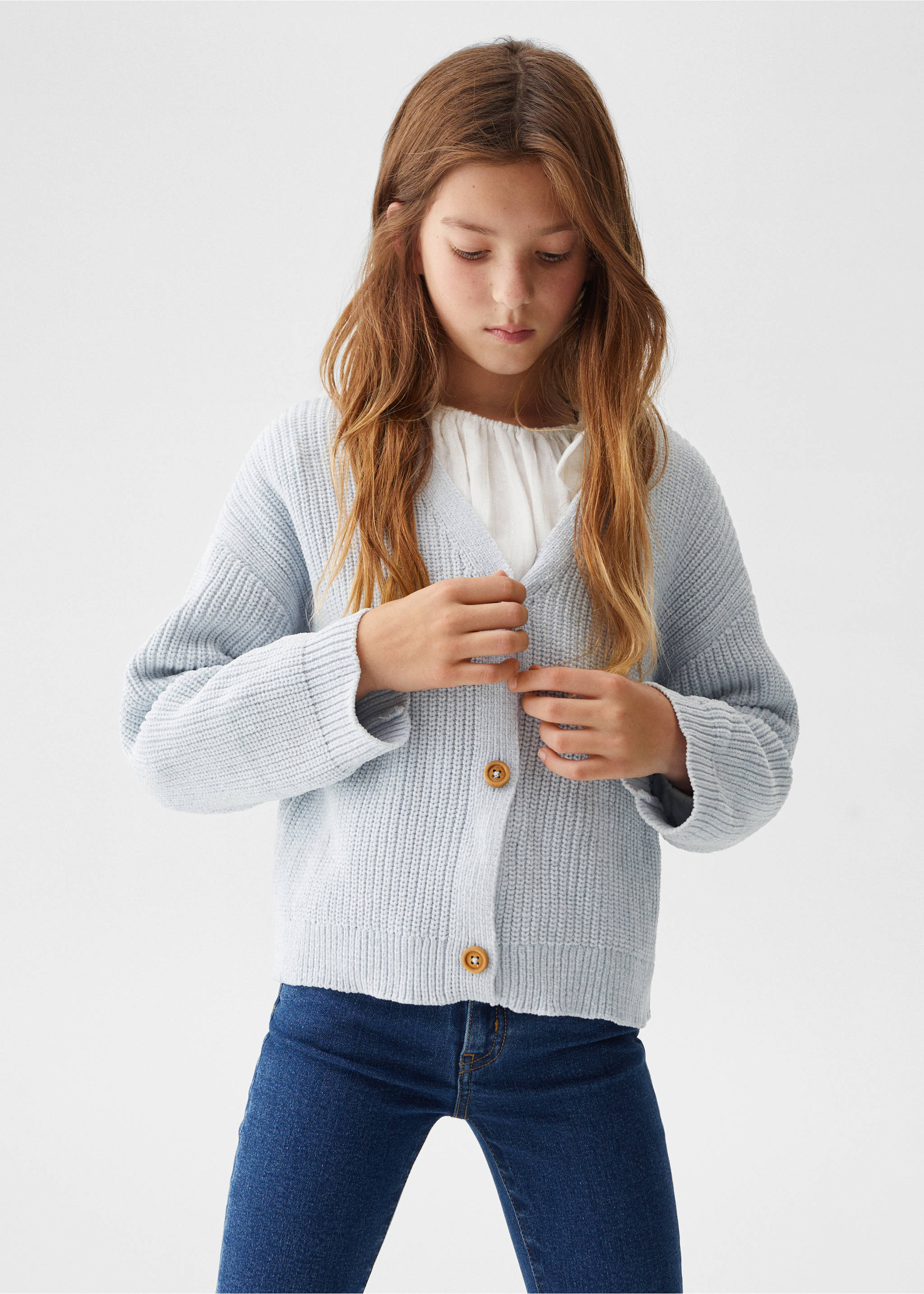 Chenille knitted cardigan - Medium plane, Sky Blue. Ref: 57098638-00.