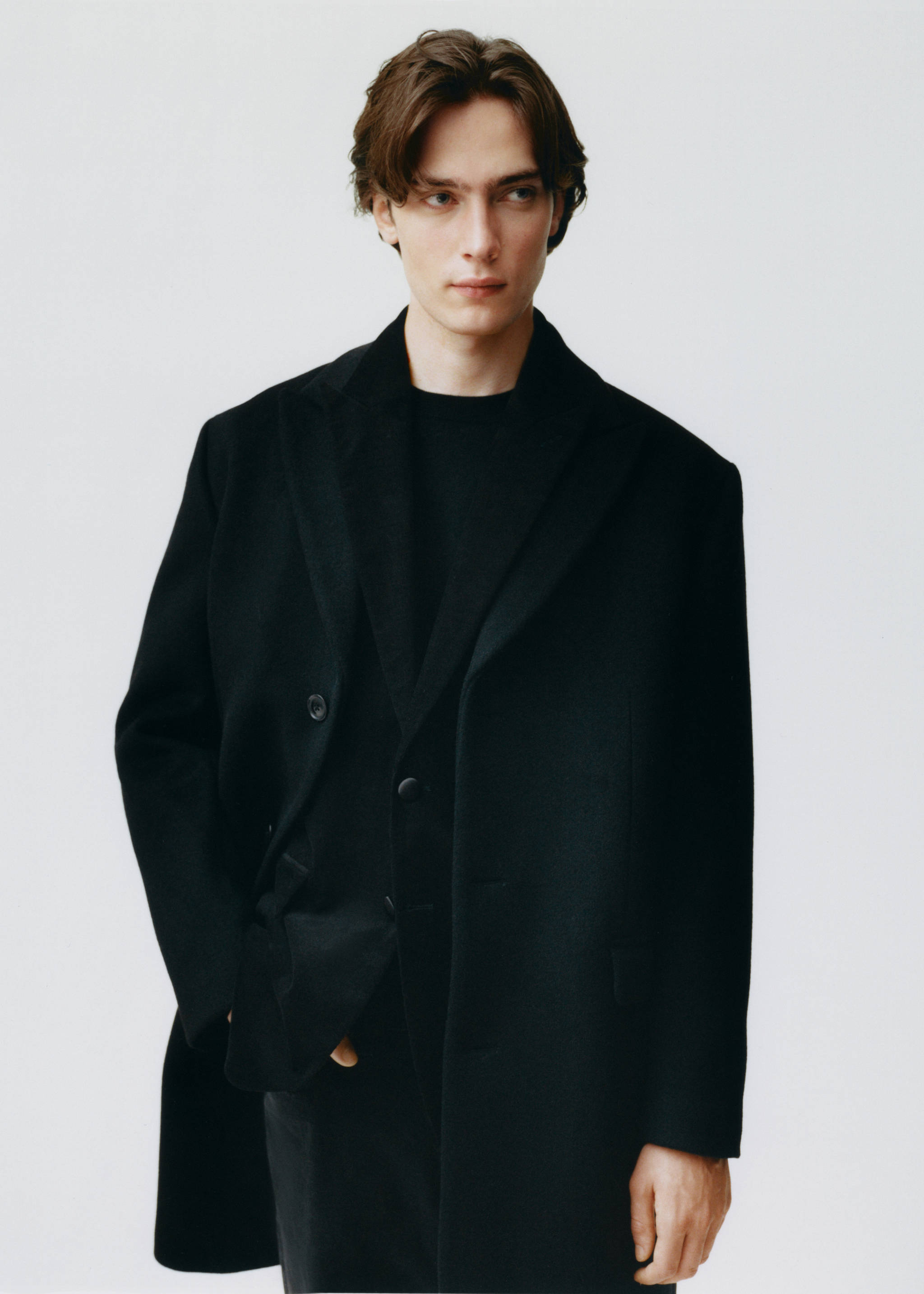 Regular fit wool coat - Details of the article 5, Black. Ref: 57099403-00.