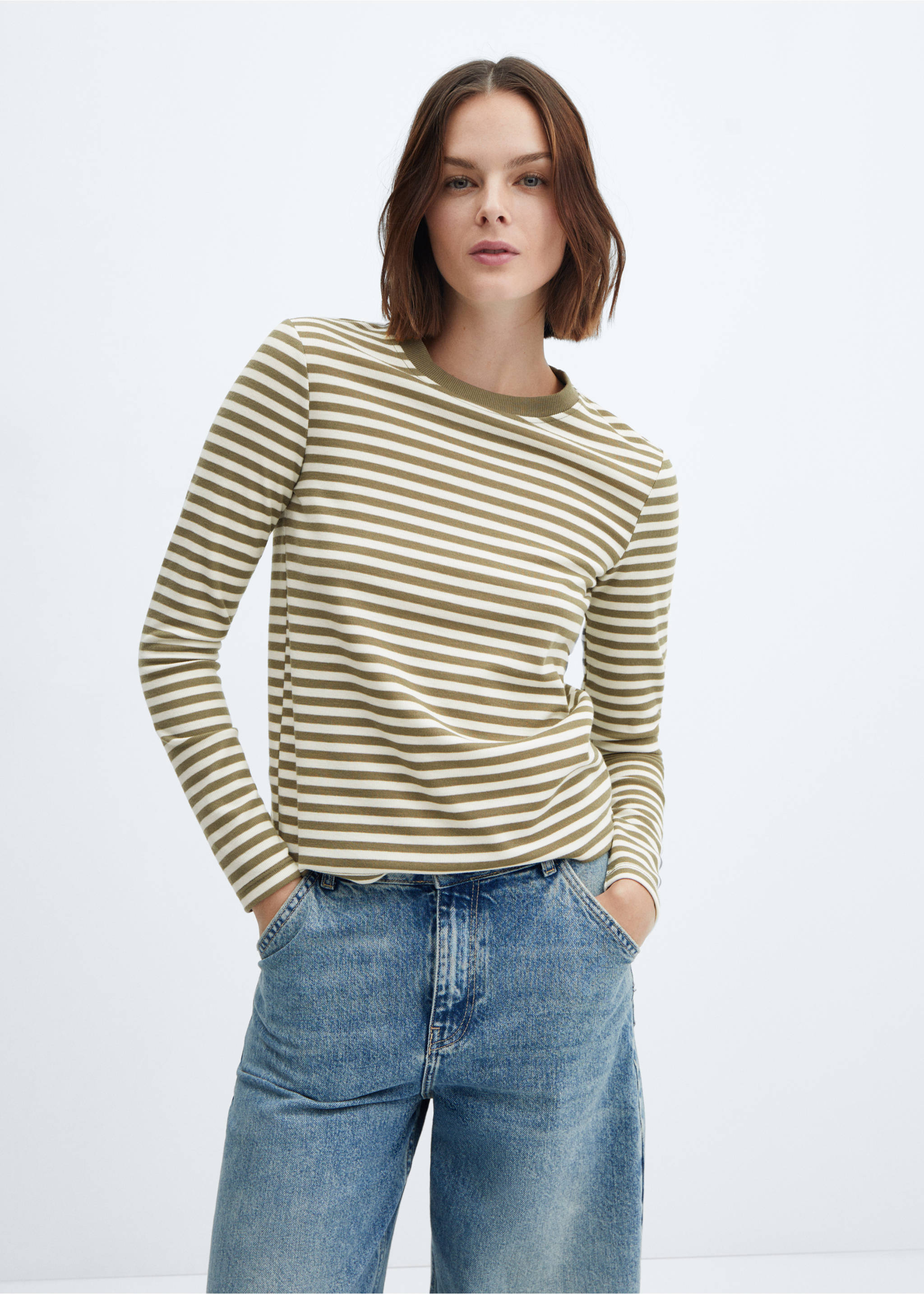 Striped long sleeves t-shirt - Medium plane, Khaki. Ref: 67000464-00.