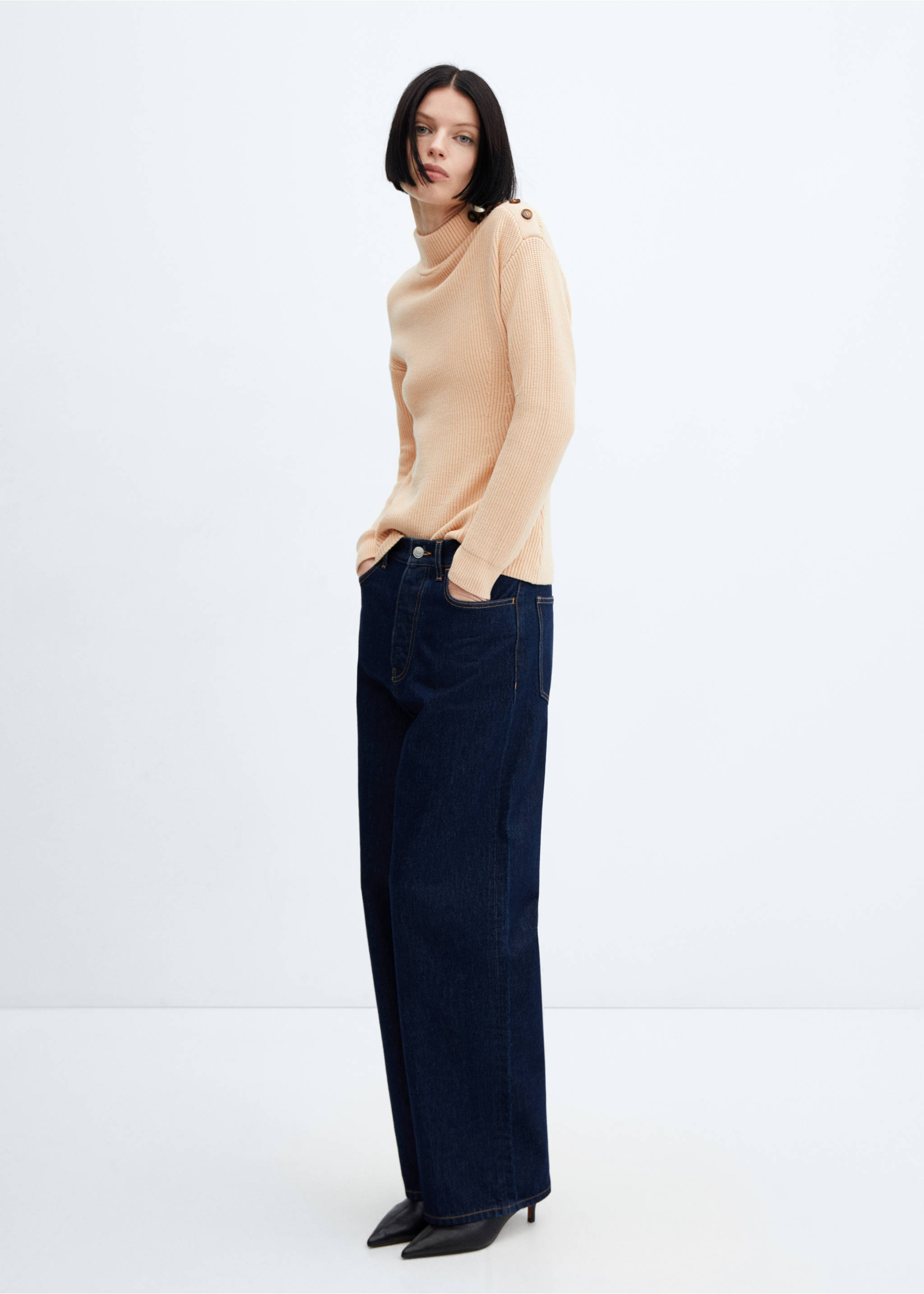 Shouder buttons ribbed sweater - General plane, Beige. Ref: 67000467-00.