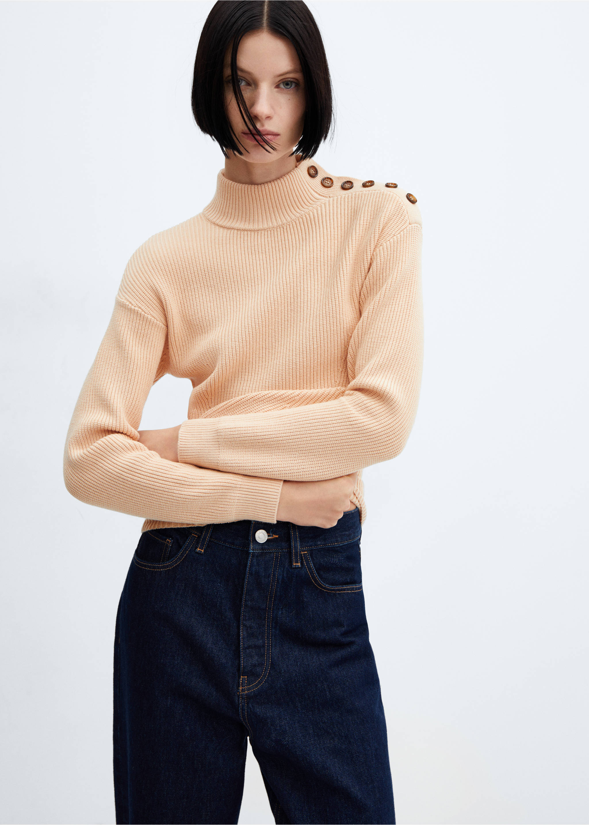 Shouder buttons ribbed sweater - Medium plane, Beige. Ref: 67000467-00.