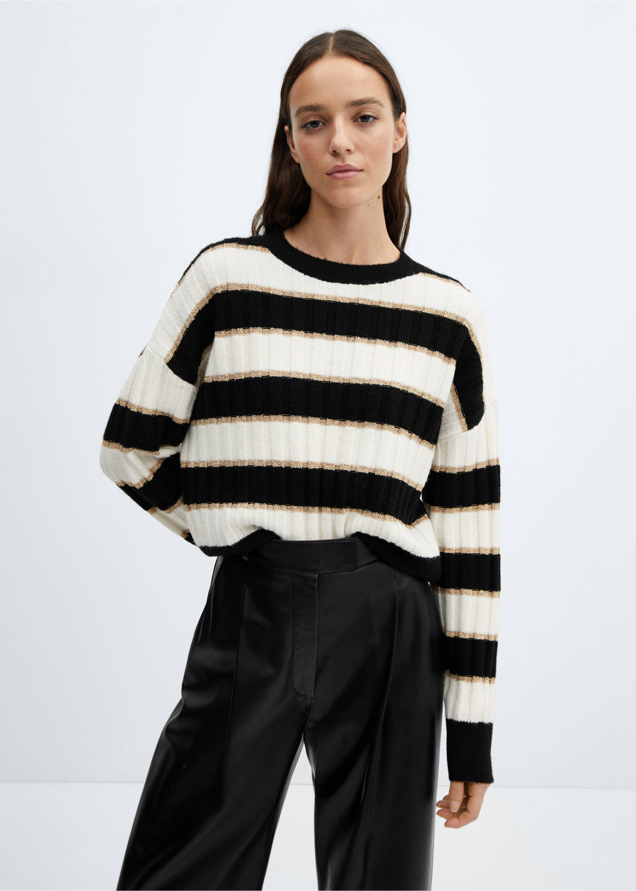 Lurex details striped sweater - Medium plane, Black. Ref: 67000474-00.