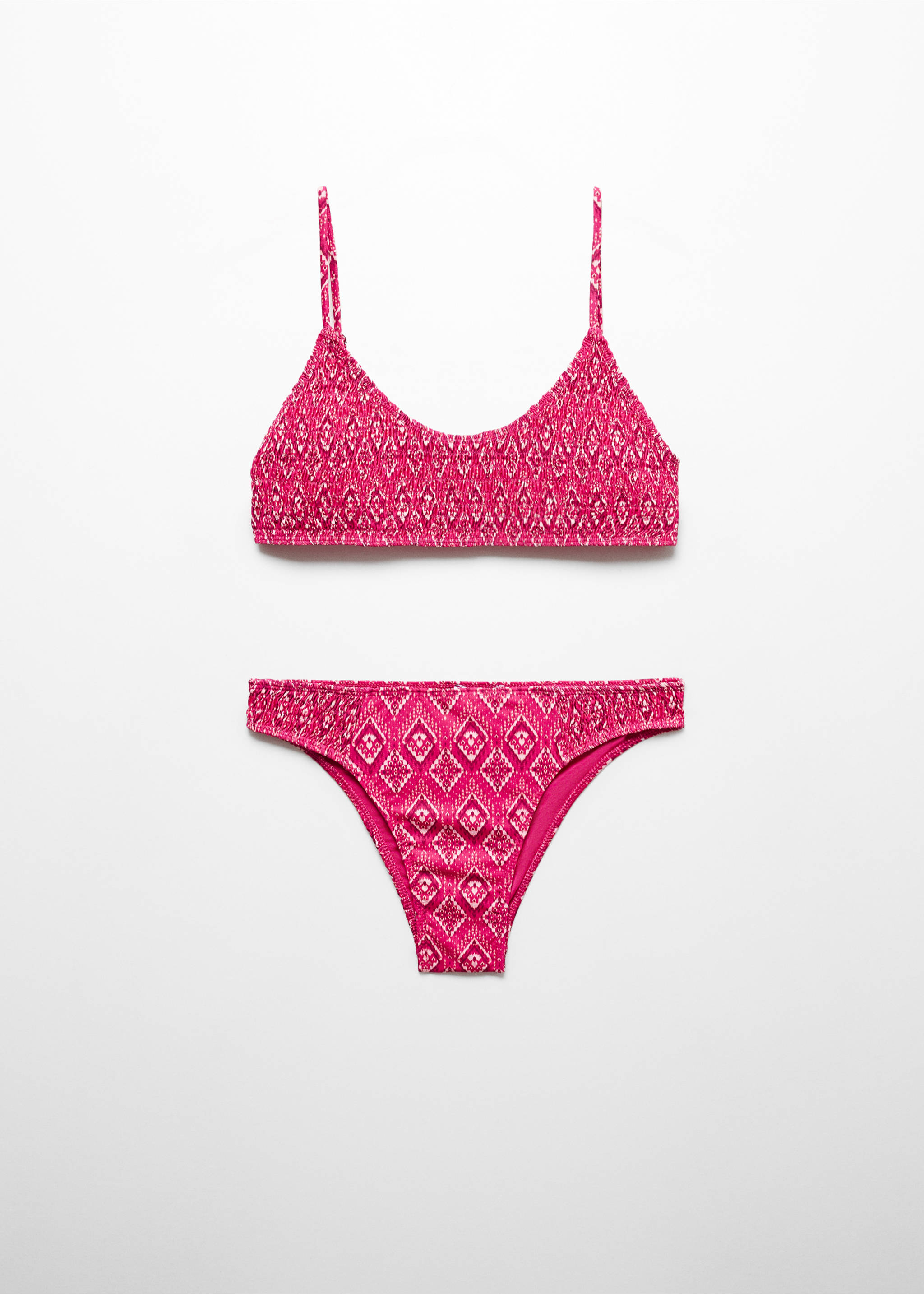 Gemusterter Bikini mit Raffdetails - Artikel ohne Model, Pastellorange. Ref: 67005156-00.