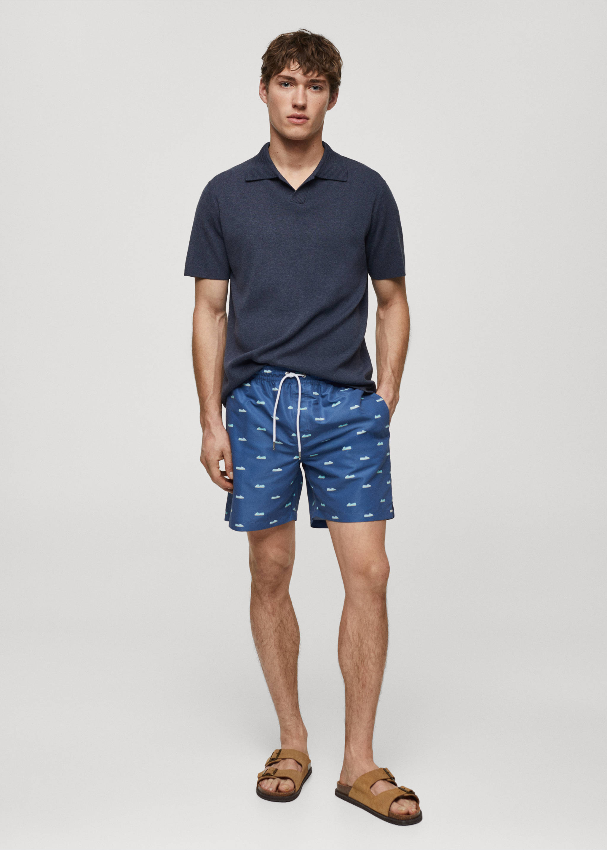 Espadrille-print swimsuit with drawstring - General plane, Dark Navy. Ref: 67006054-00.