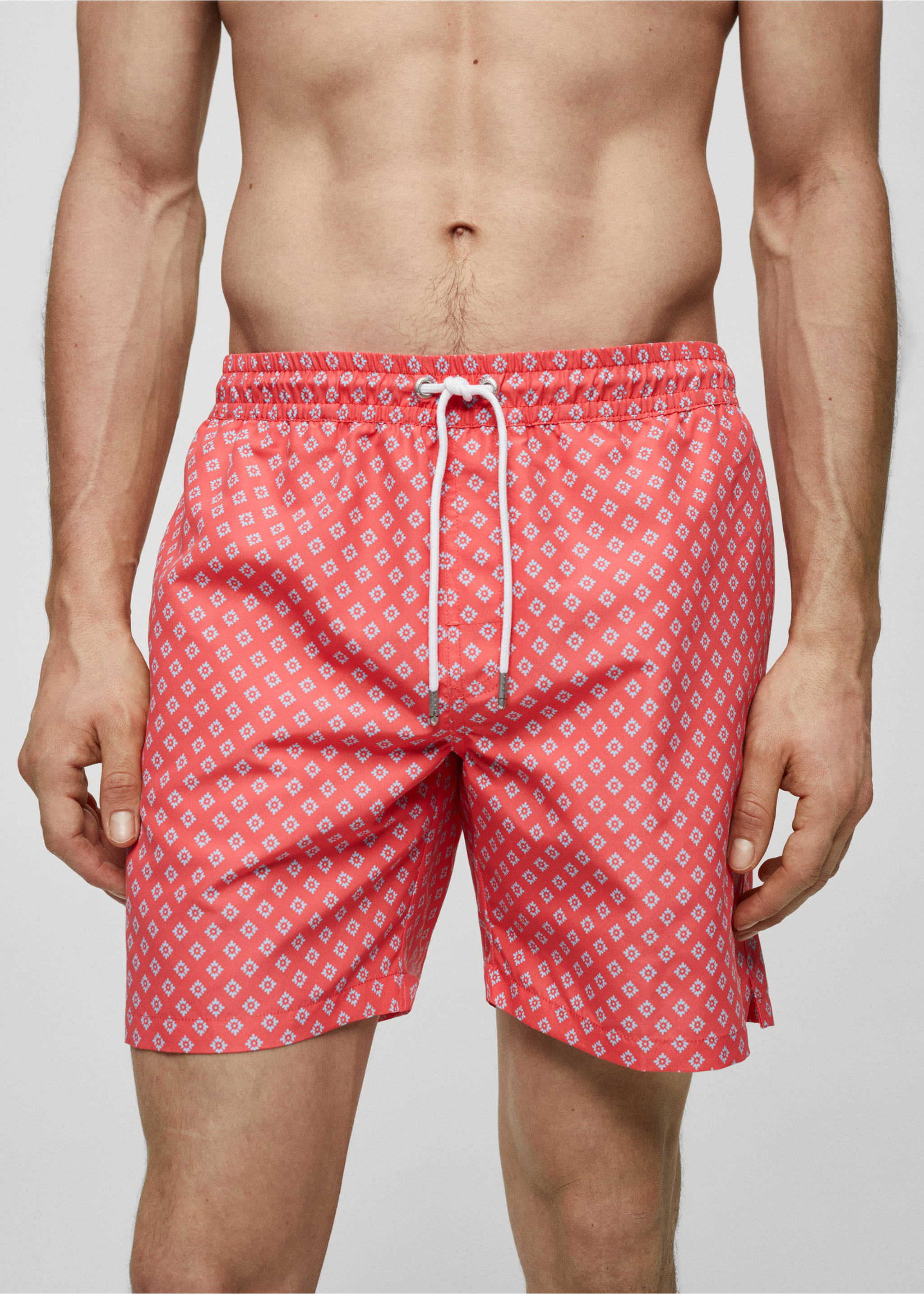 Printed swimsuit with drawstring - Details of the article 1, Coral Red. Ref: 67006055-00.
