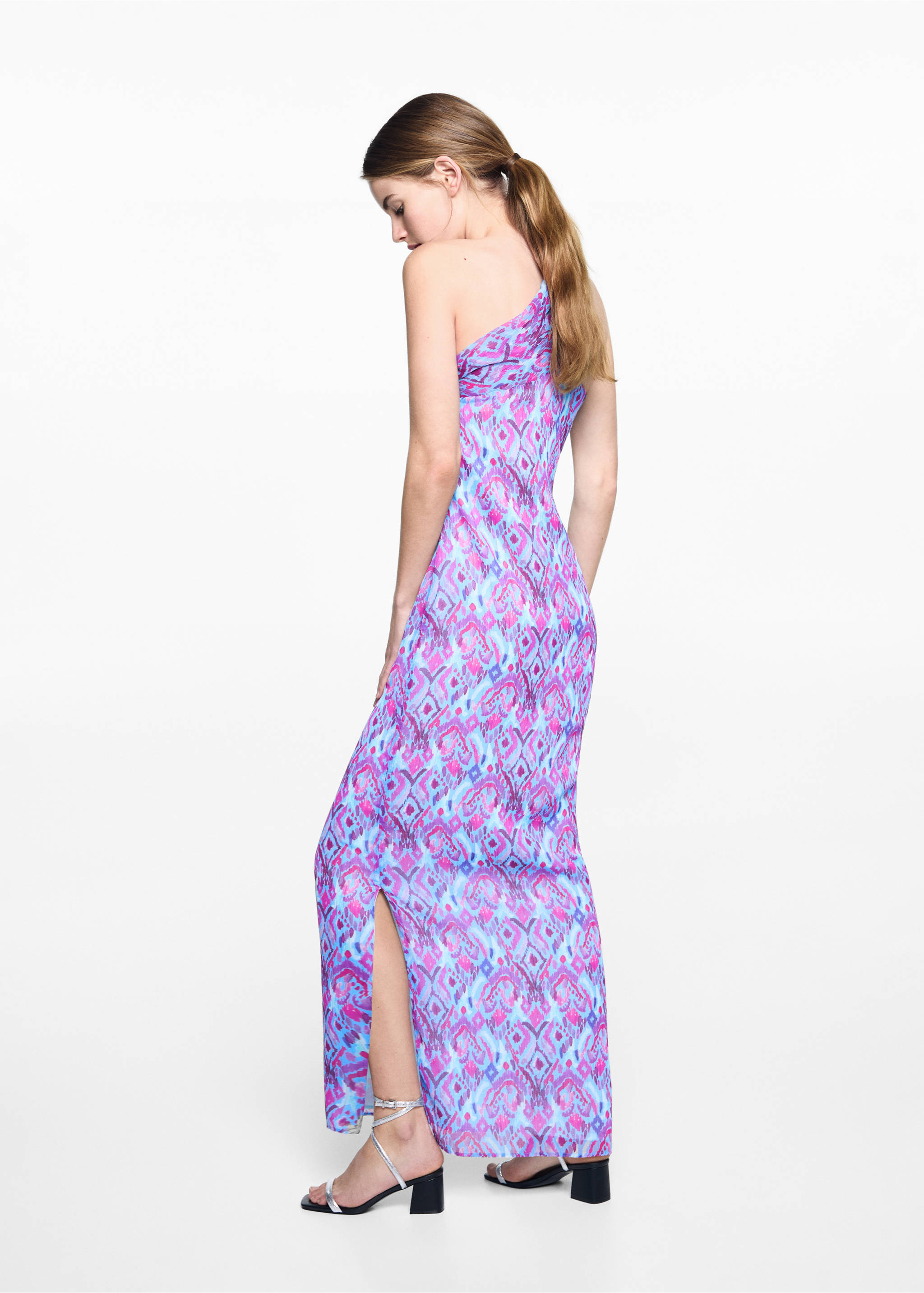 Asymmetrisches Printkleid - Rückseite des Artikels, Lila. Ref: 67006763-00.