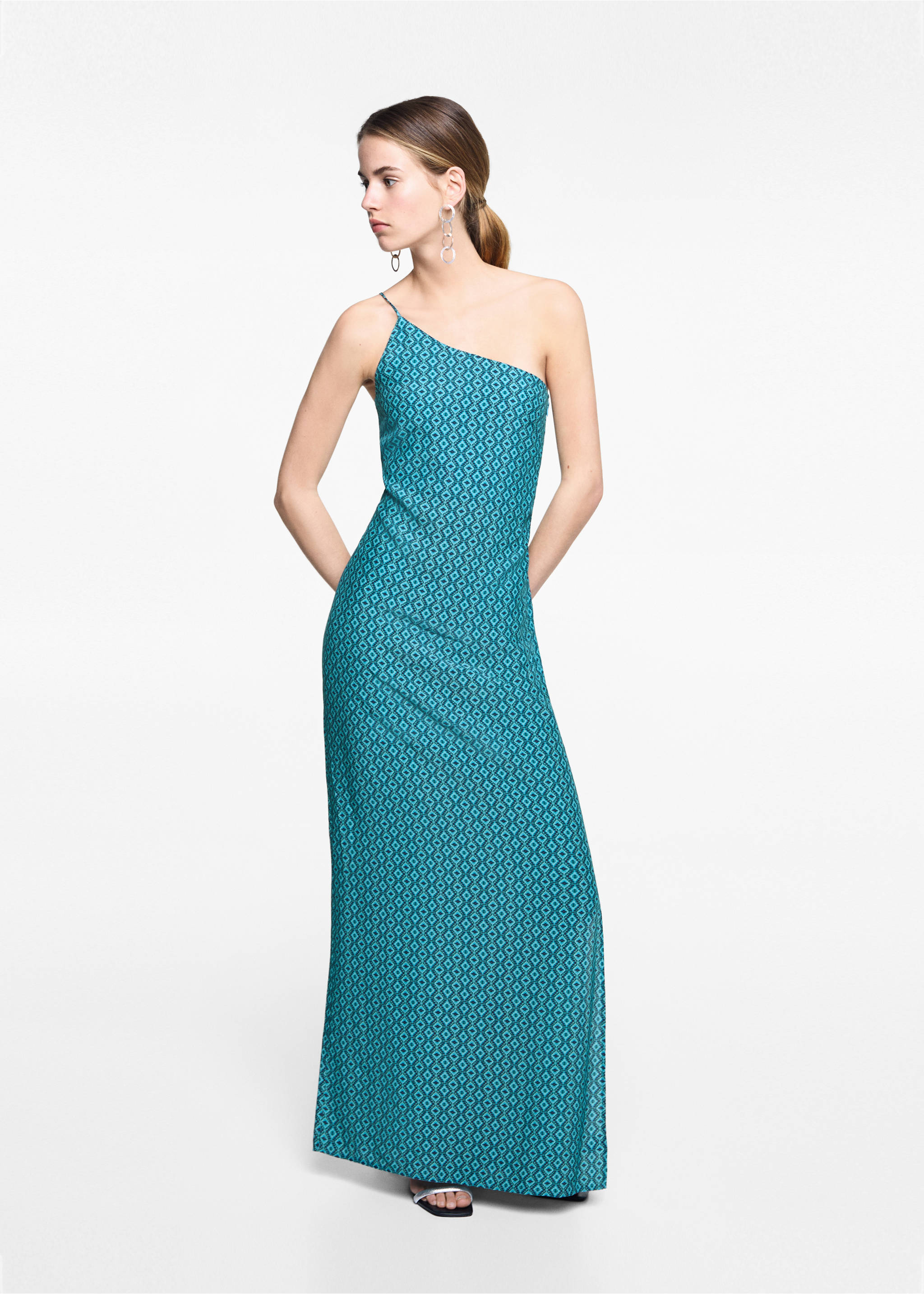 Asymmetrisches Printkleid - Allgemeine Ansicht, Türkis. Ref: 67006765-00.