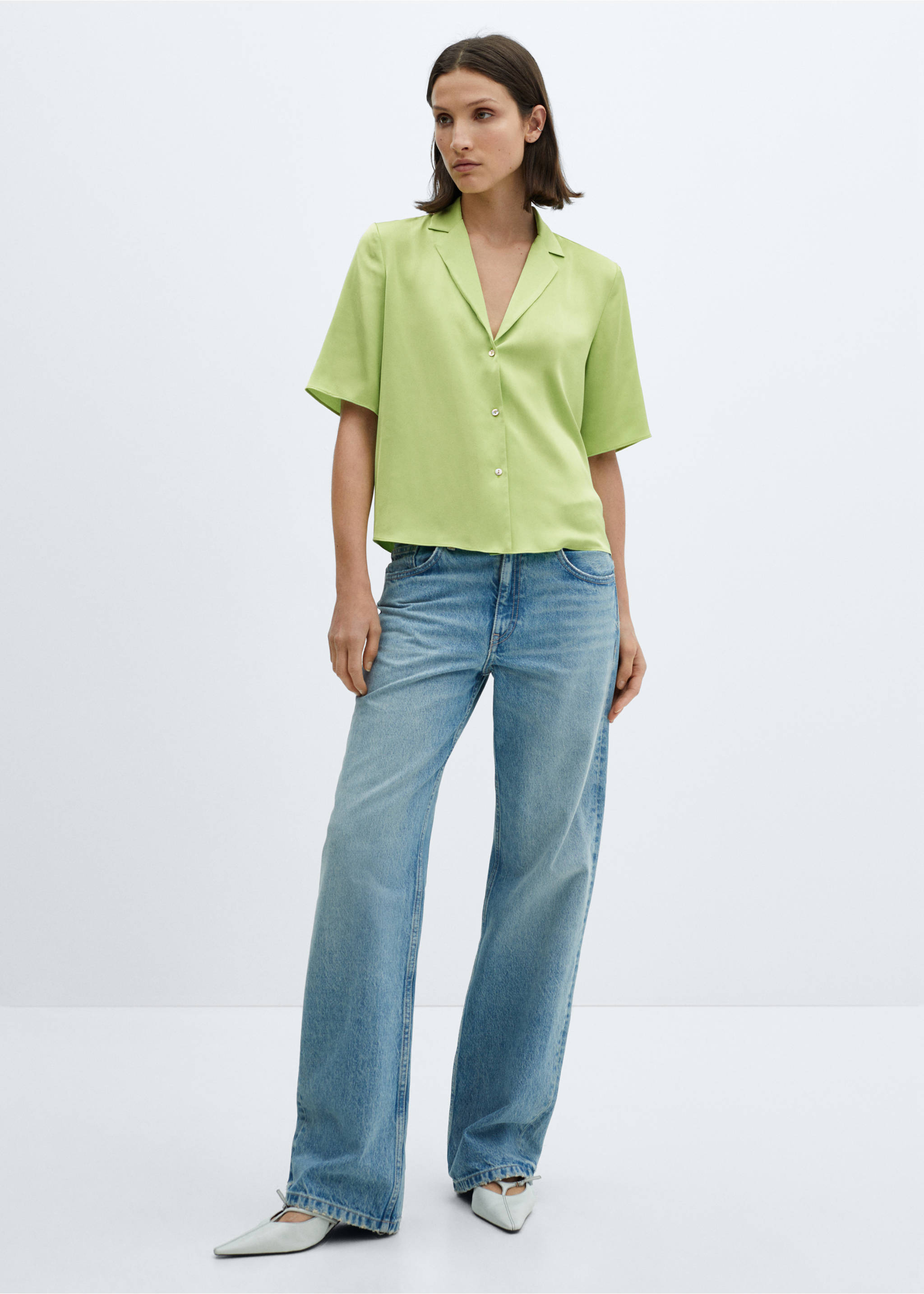 Satinerad kortärmad skjorta - Allmän bild, Grön. Ref: 67007129-00.