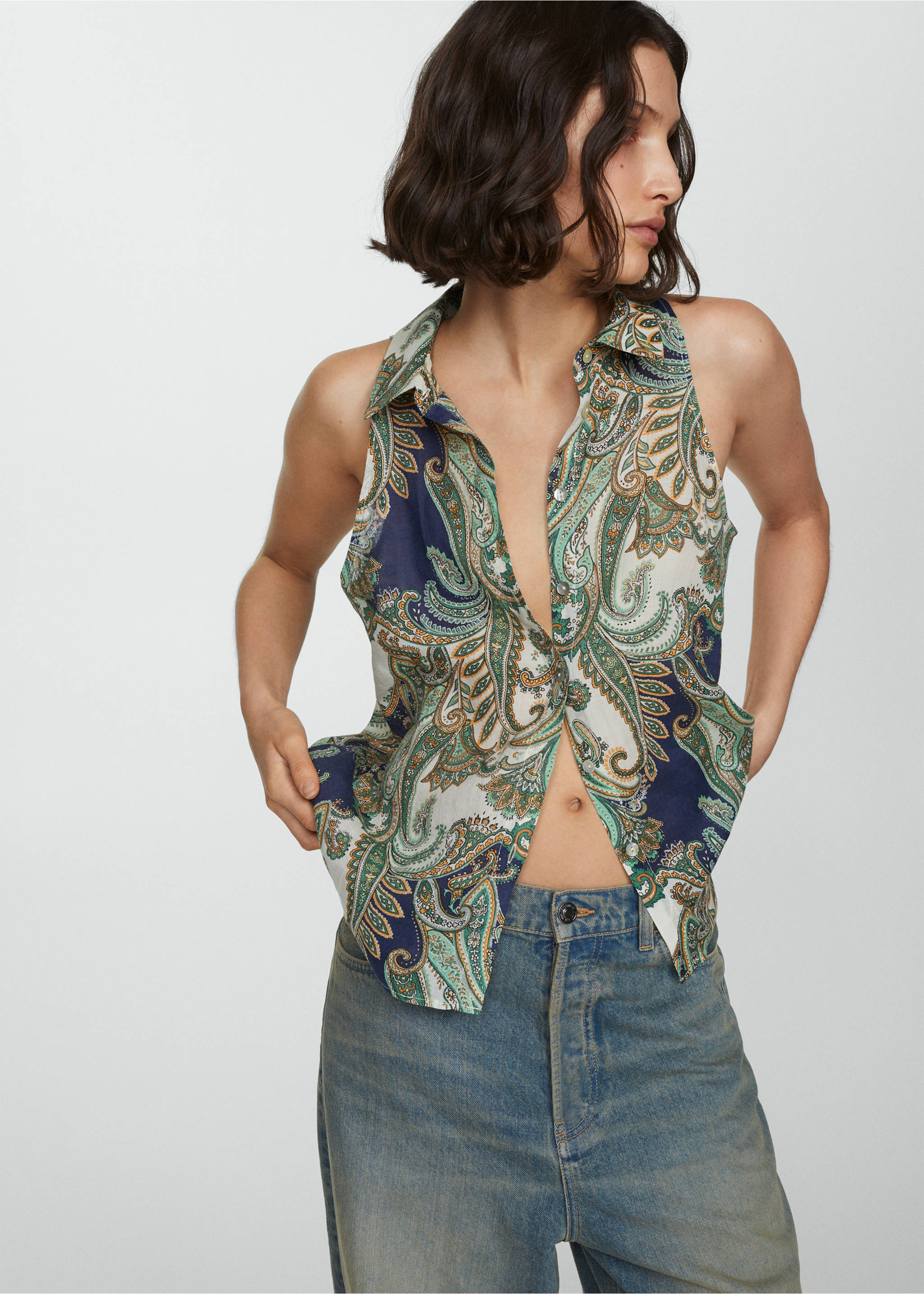 100% ramie printed shirt - Medium plane, Off White. Ref: 67008643-00.