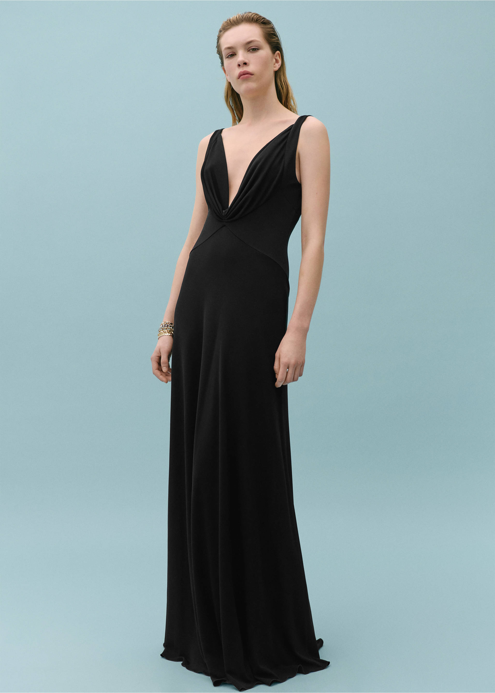 Knitted dress with draped neckline - General plane, Black. Ref: 67008663-00.