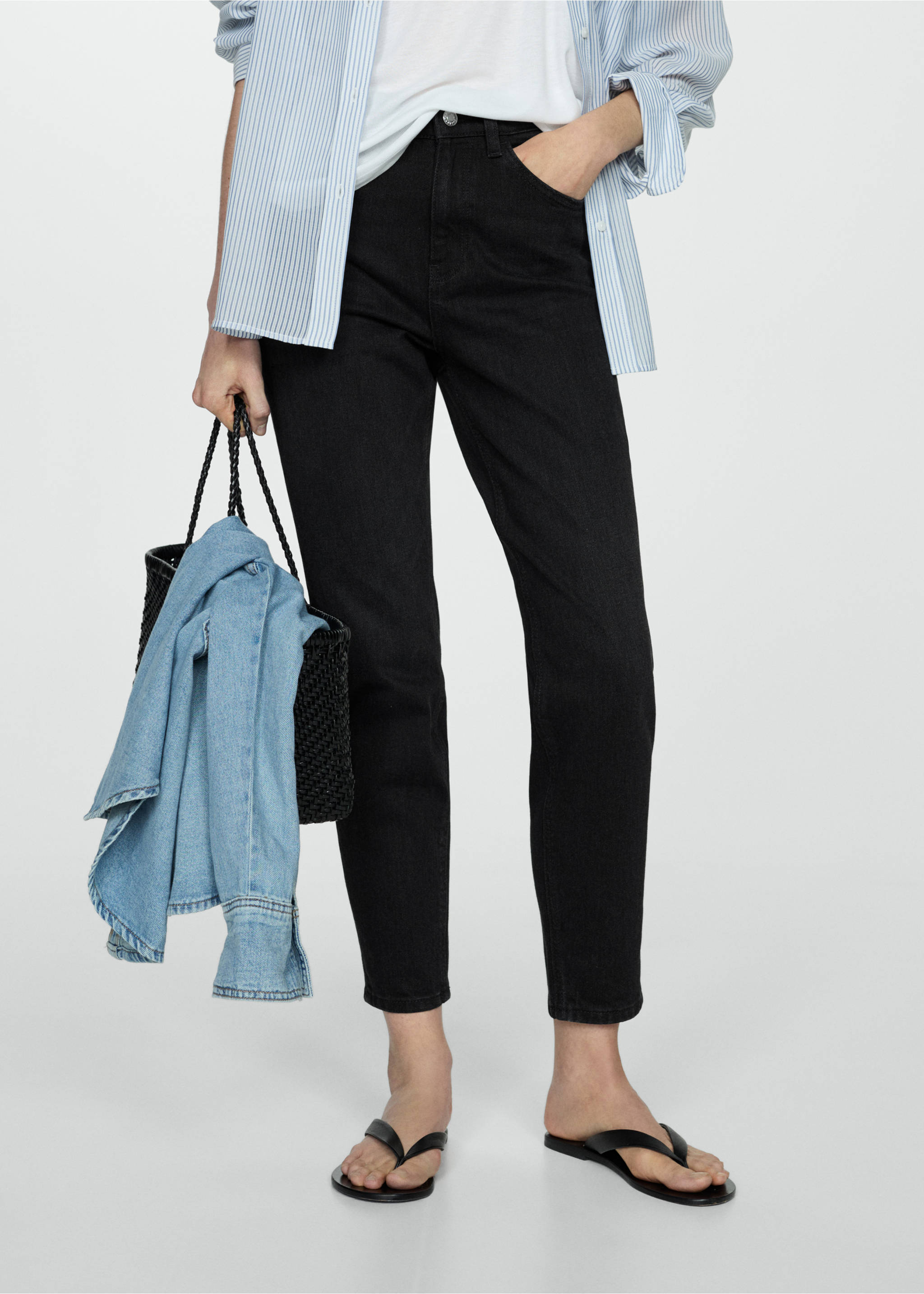 Jeans Newmom comfort med høyt liv - Halvtotal bildeutsnitt, Black denim. Ref: 67010384-00.