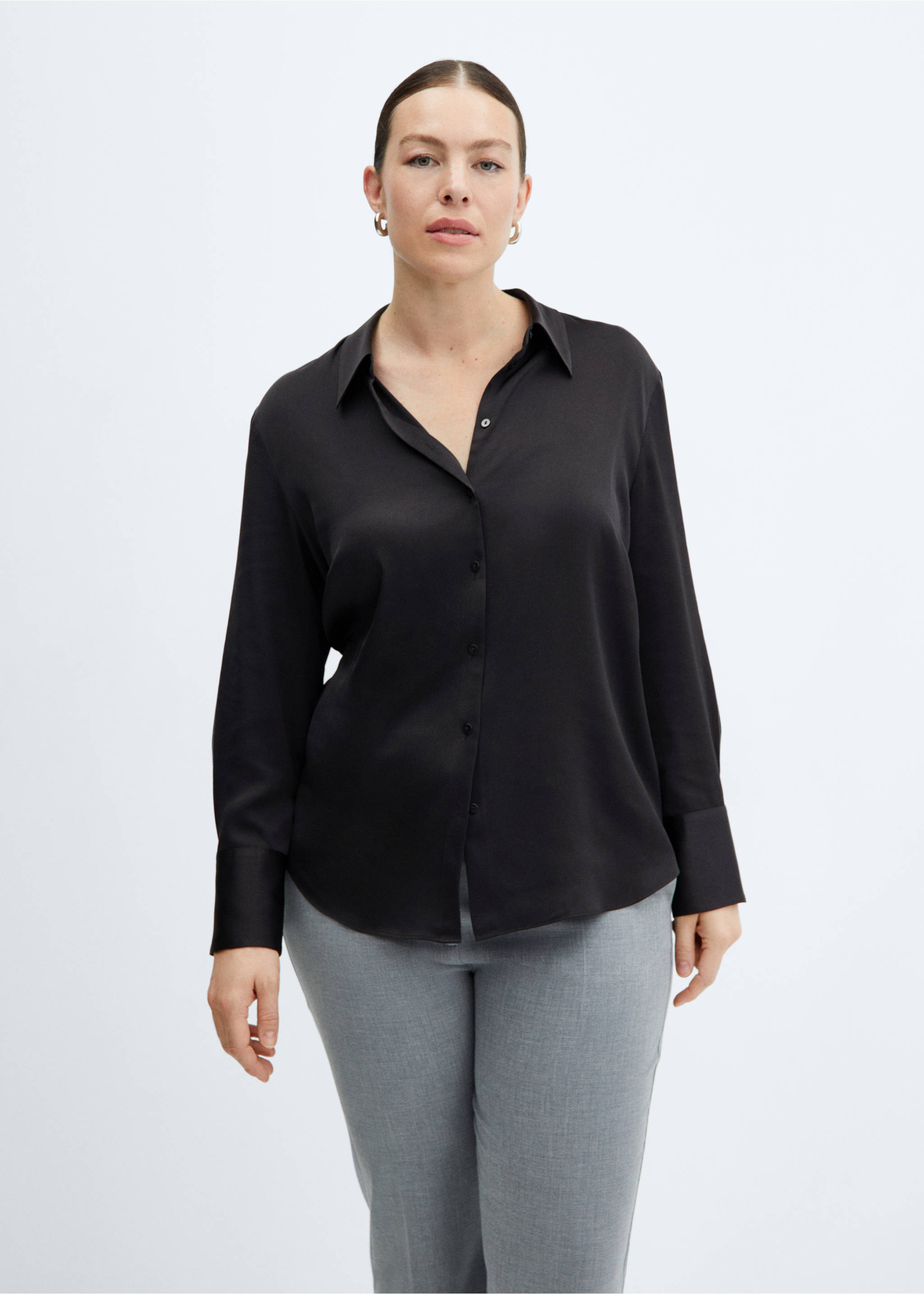 Satin finish flowy shirt - Details of the article 5, Black. Ref: 67010439-00.