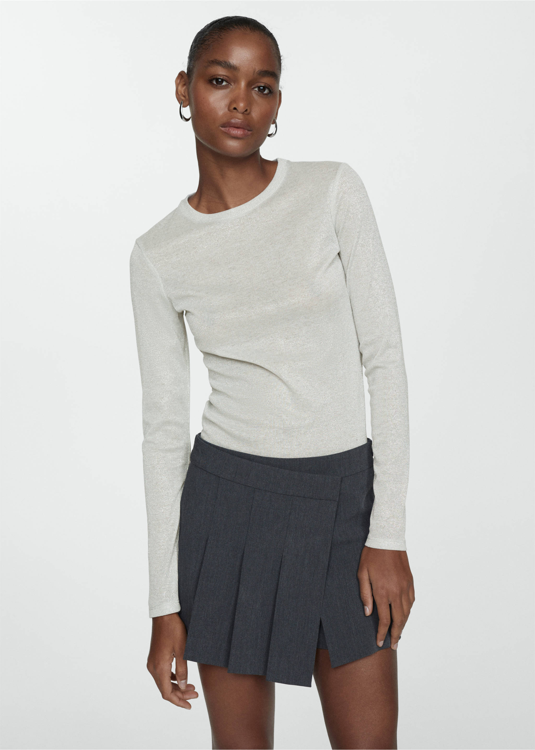 Long-sleeved lurex t-shirt - Medium plane, Grey. Ref: 67010471-00.