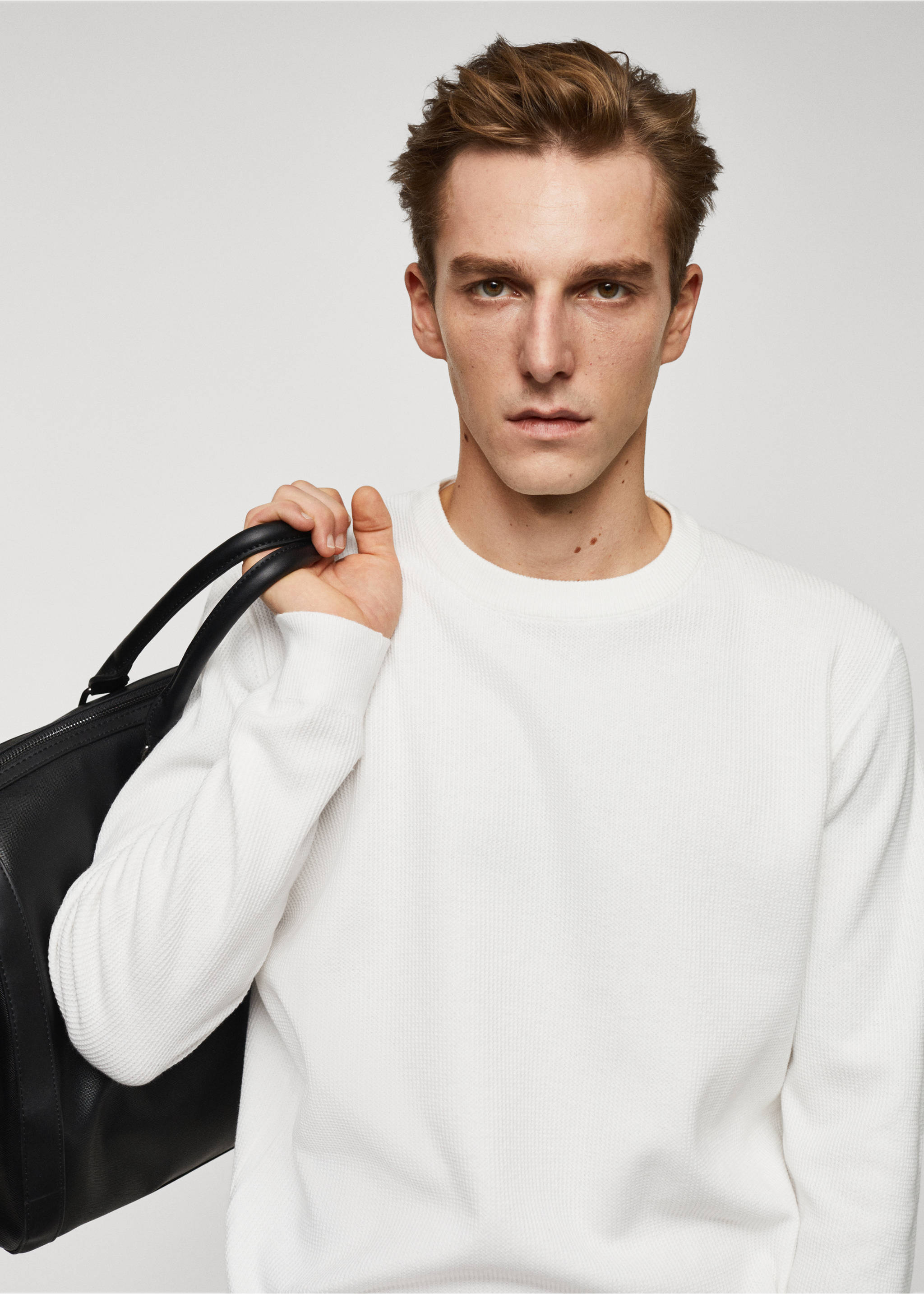 Structured cotton sweater - Details of the article 1, White. Ref: 67010651-00.