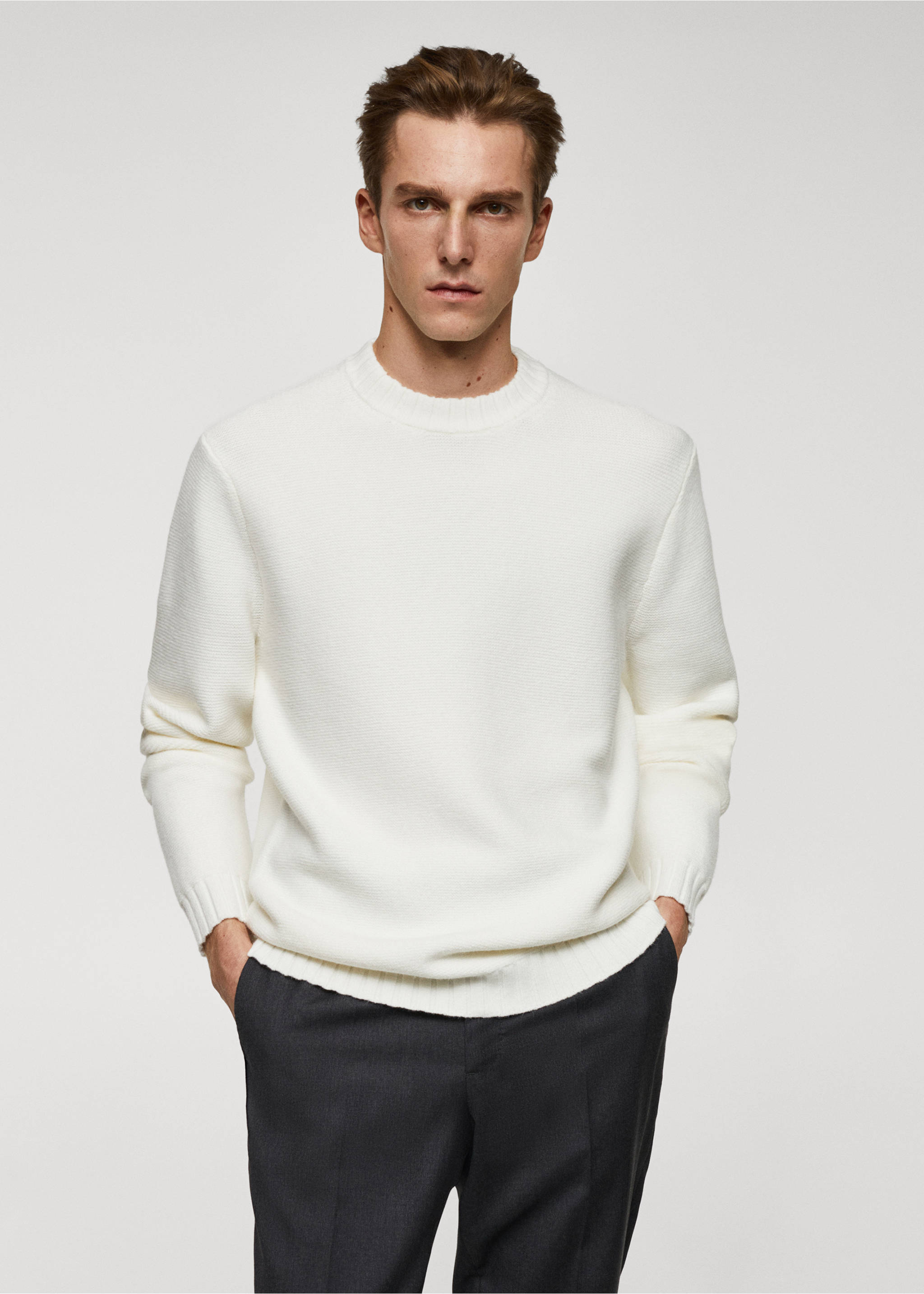 Knitted sweater with ribbed details - Medium plane, Off White. Ref: 67010652-00.