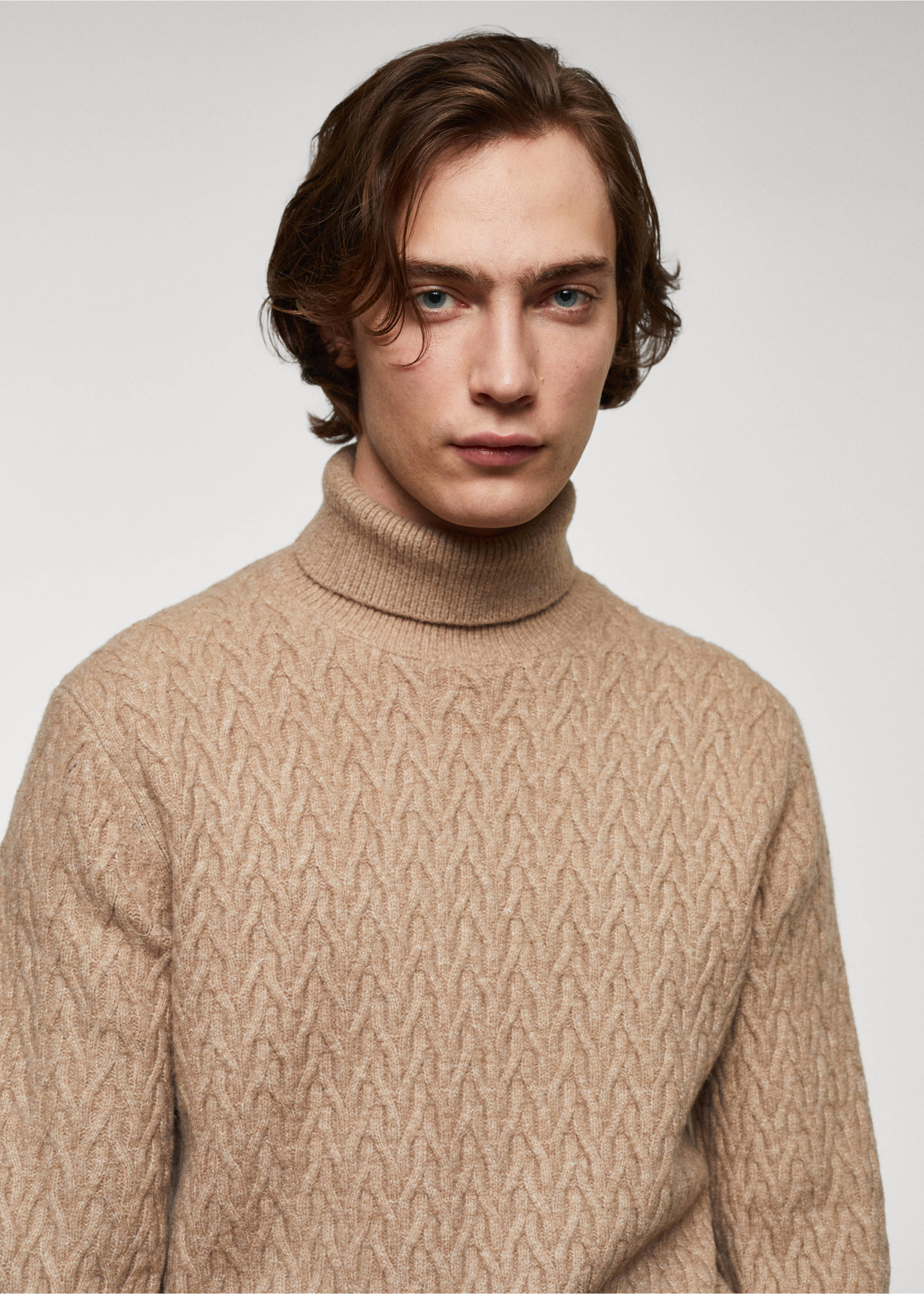 Braided turtleneck sweater - Details of the article 1, Medium Brown. Ref: 67010655-00.