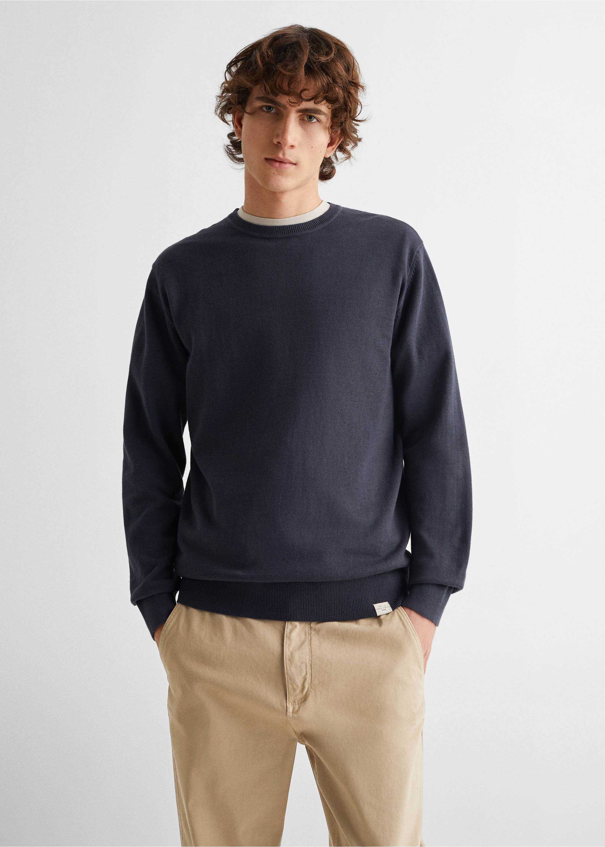 Pull-over jaspé coton - Plan moyen, Bleu marine foncé. Ref: 67010667-00.