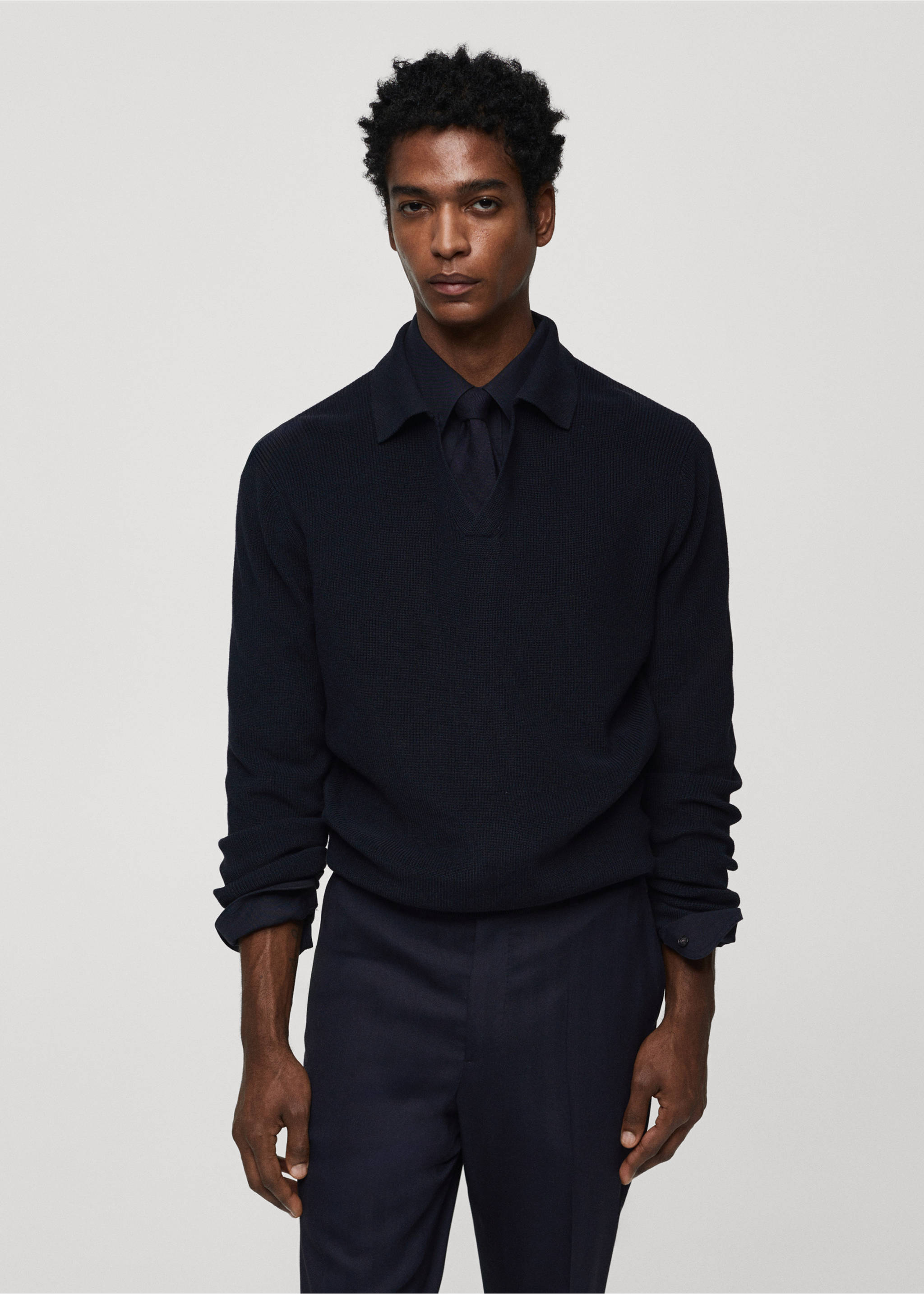 Polo maille côtelée - Plan moyen, Bleu marine foncé. Ref: 67014453-00.