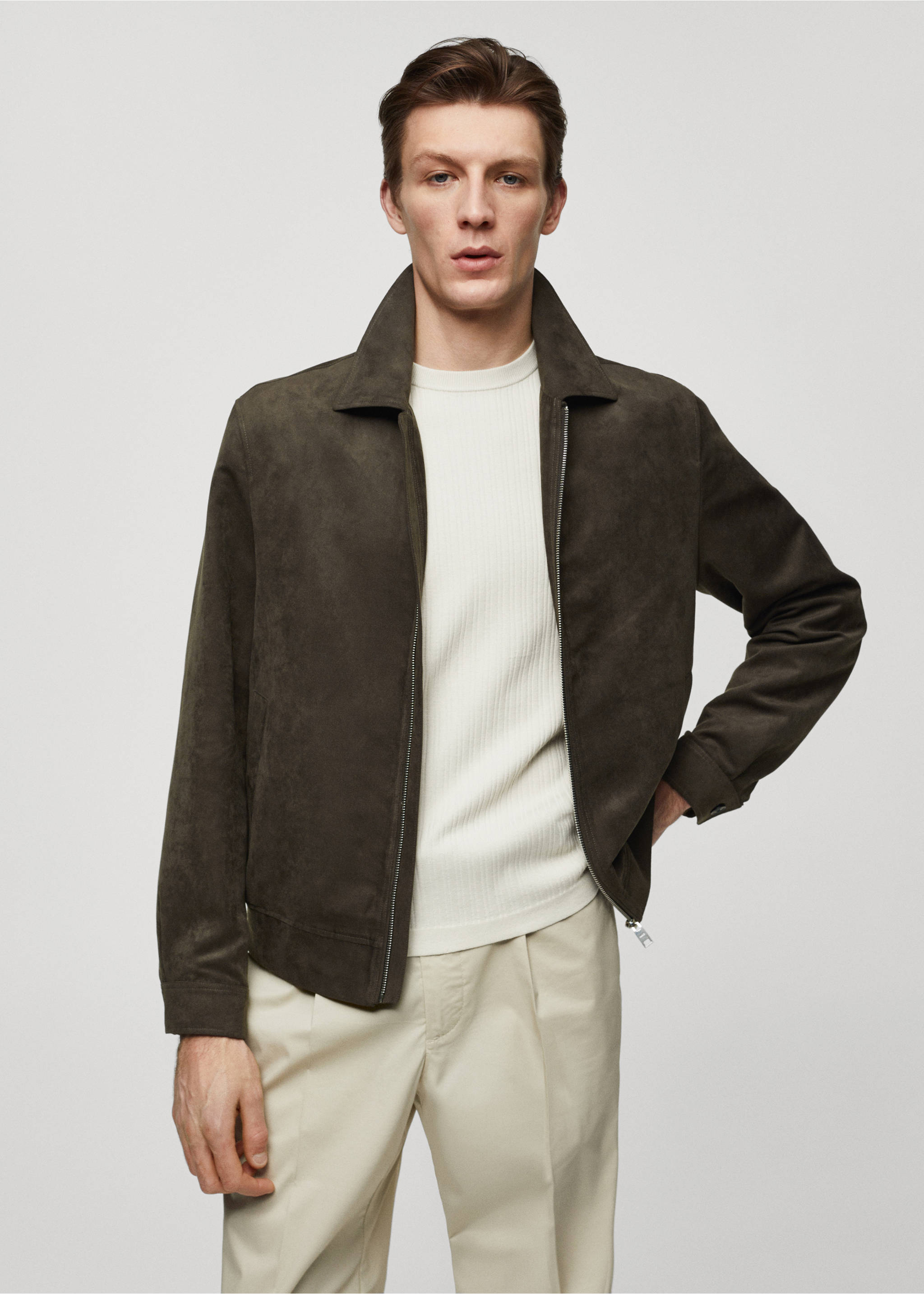 Suede-effect jacket with zip - Medium plane, Grey. Ref: 67015979-00.