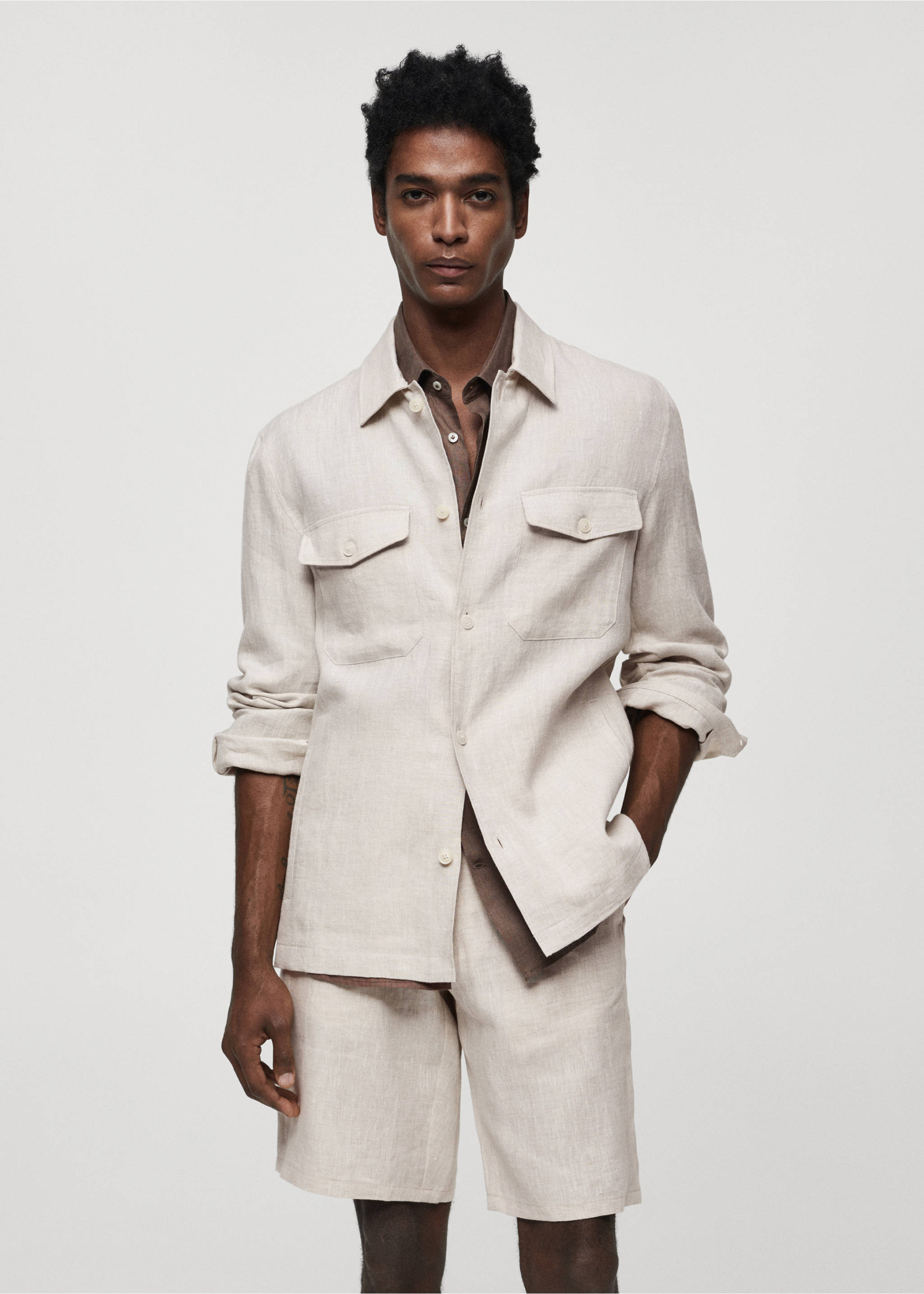 100% linen overshirt with pockets - Medium plane, Ecru. Ref: 67015980-00.