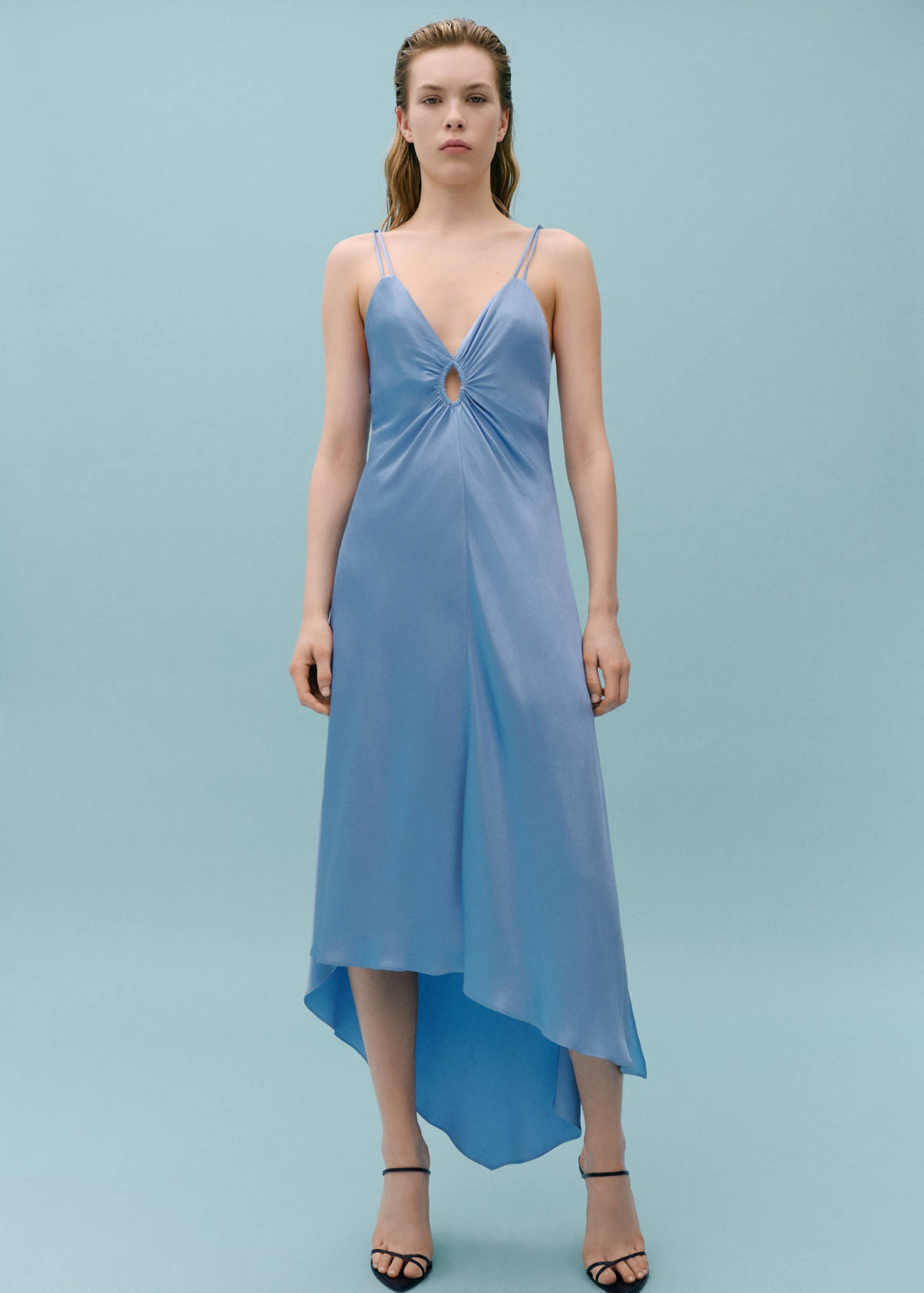 Asymmetrical satin dress with gathered opening