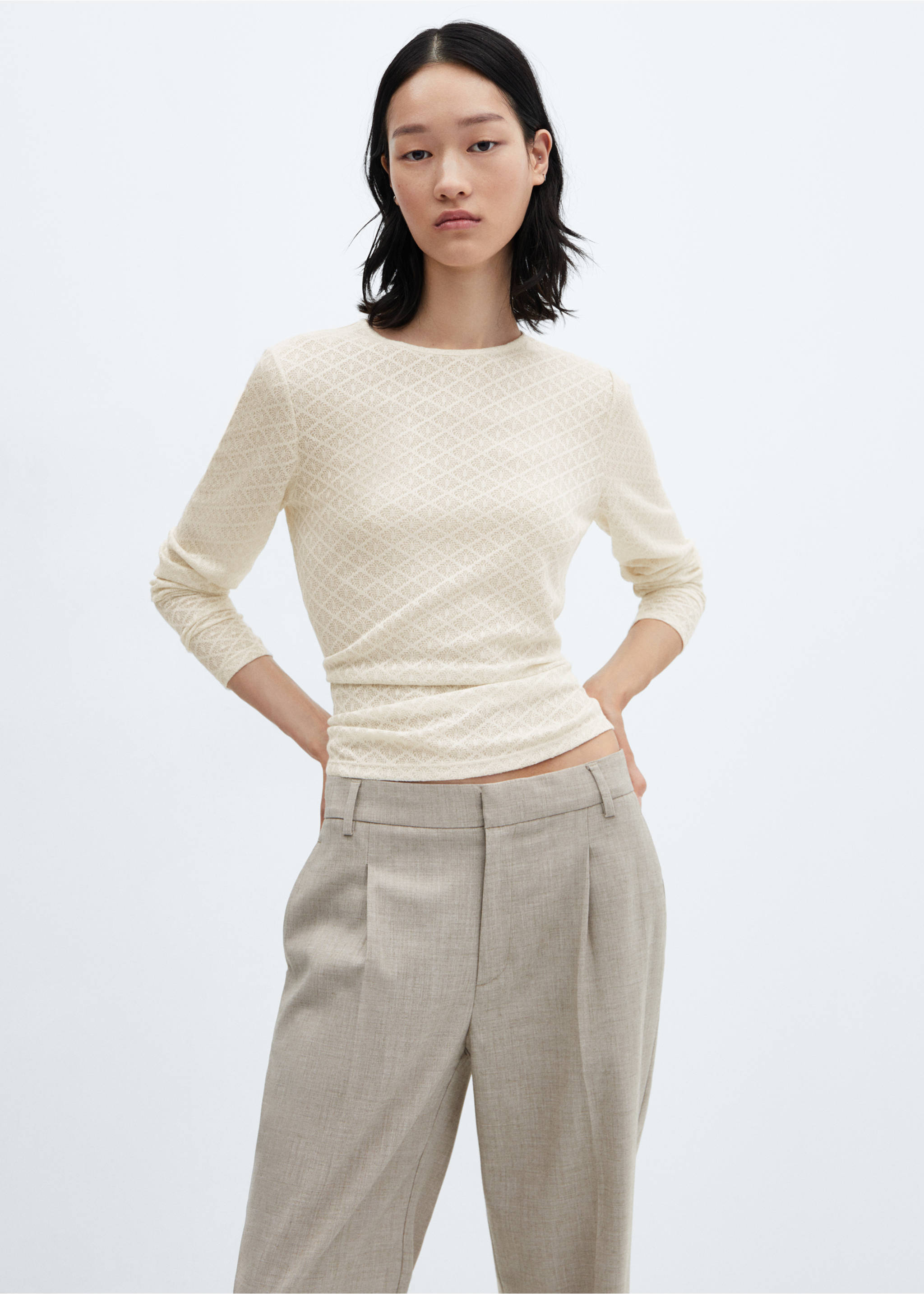 Textured knit t-shirt - Medium plane, Ecru. Ref: 67020467-00.