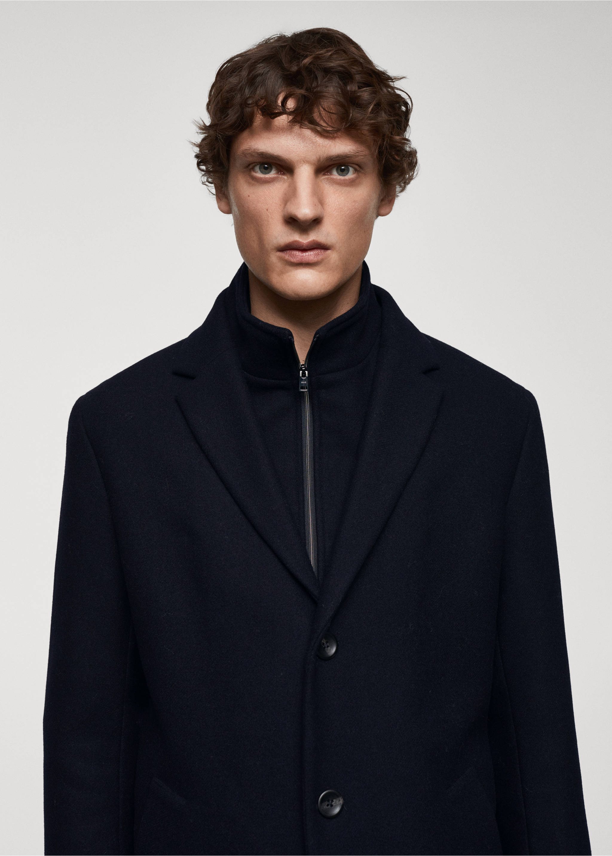 Wool coat with detachable collar - Details of the article 1, Dark Navy. Ref: 67020626-00.