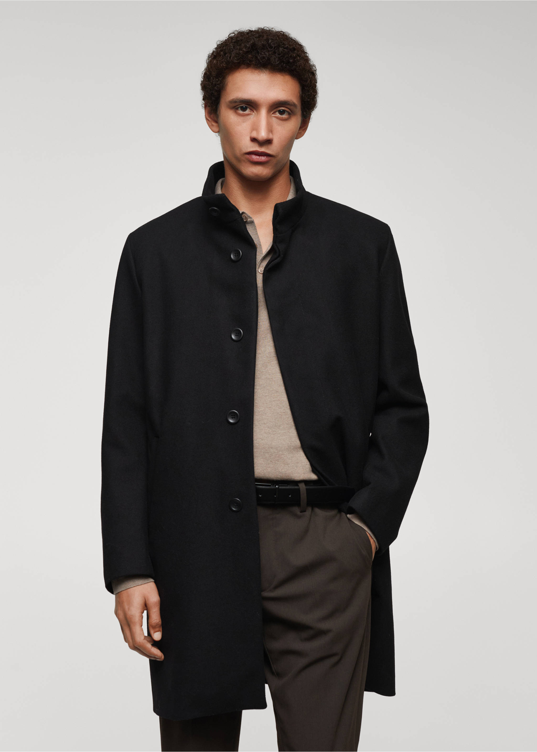 Wool funnel neck coat - Medium plane, Black. Ref: 67020627-00.