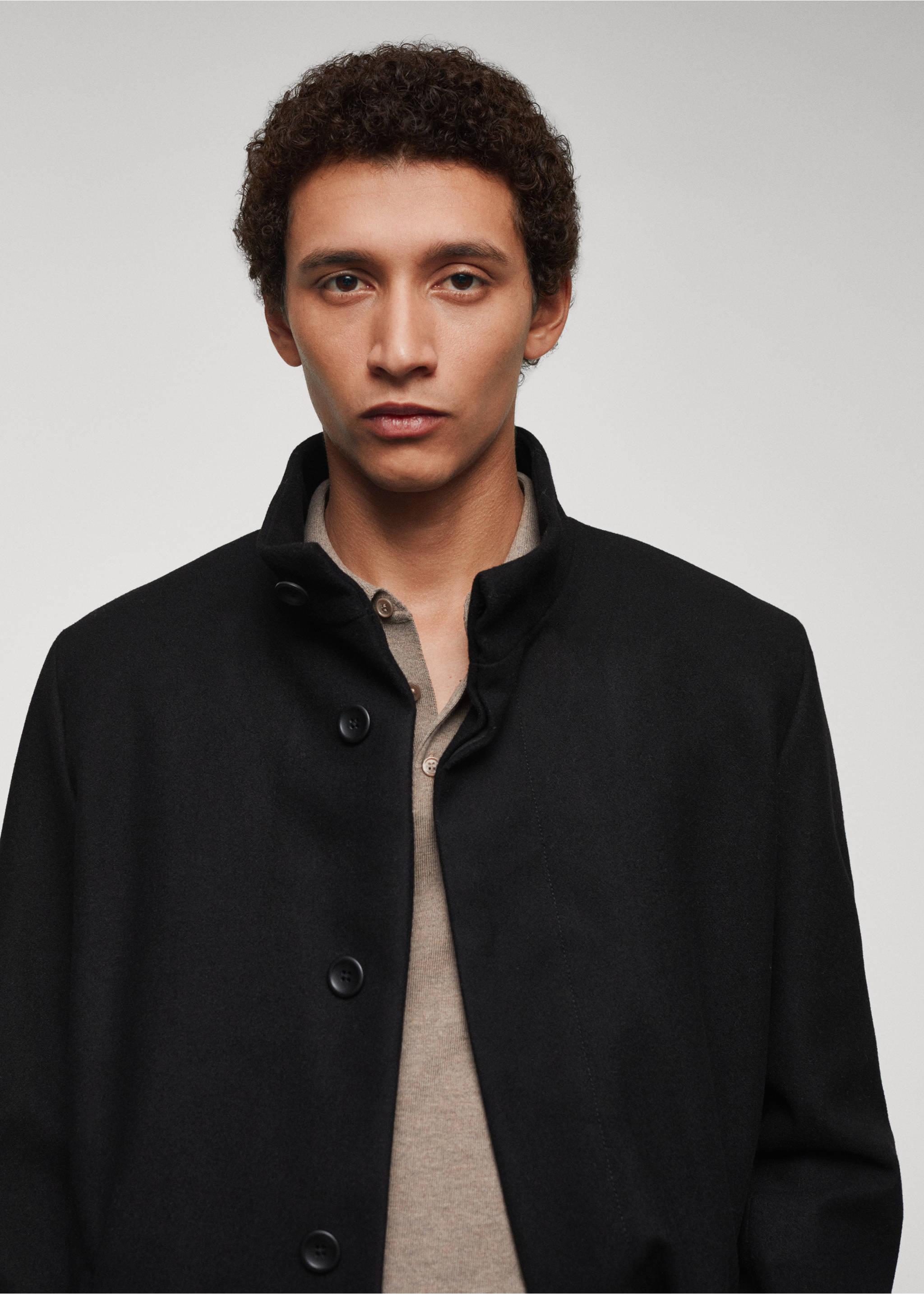Wool funnel neck coat - Details of the article 1, Black. Ref: 67020627-00.