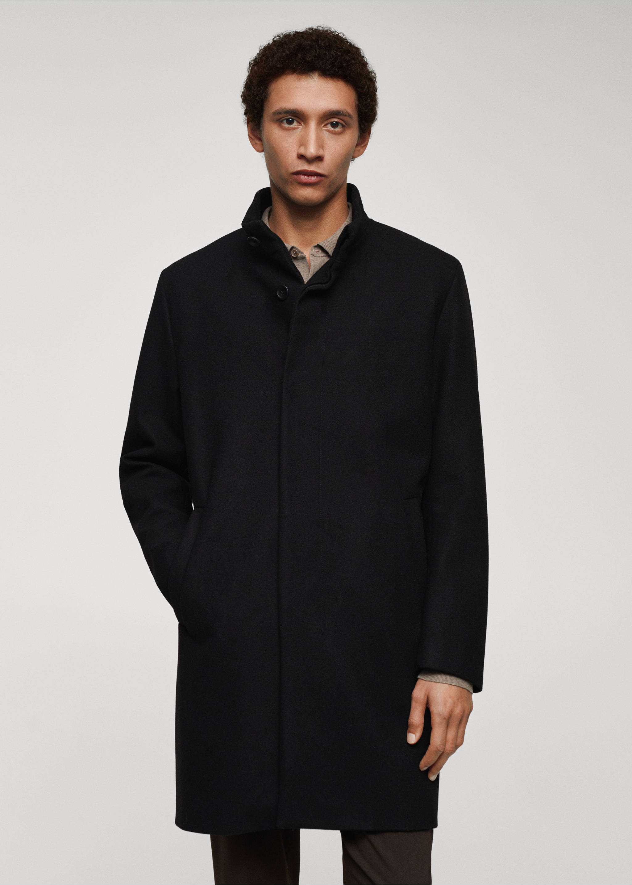 Wool funnel neck coat - Details of the article 4, Black. Ref: 67020627-00.