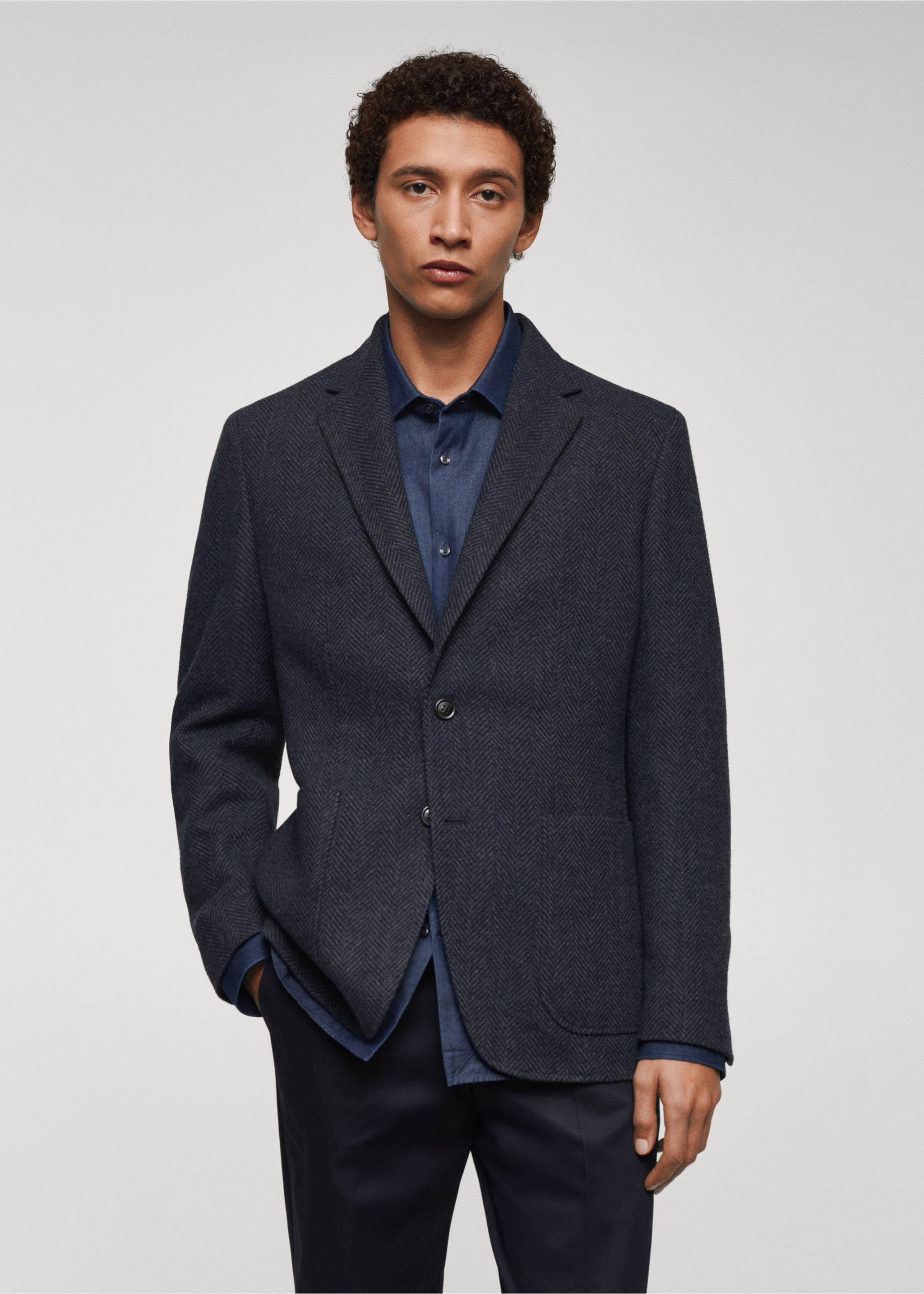 Slim-fit herringbone wool suit jacket - Medium plane, Blue. Ref: 67020635-00.