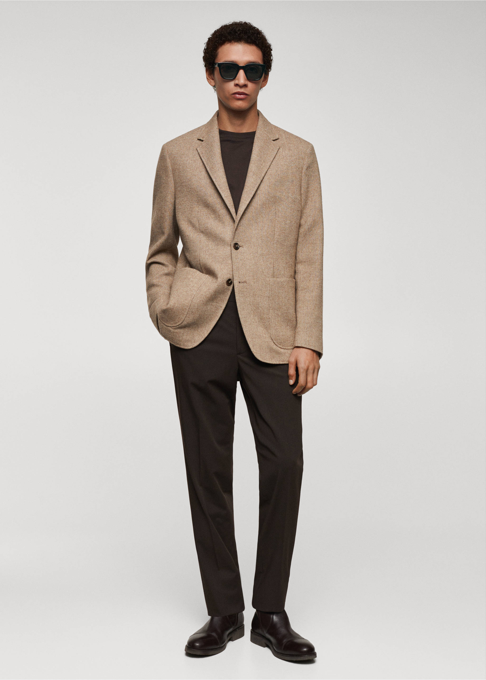 Slim-fit herringbone wool suit jacket - General plane, Beige. Ref: 67020636-00.