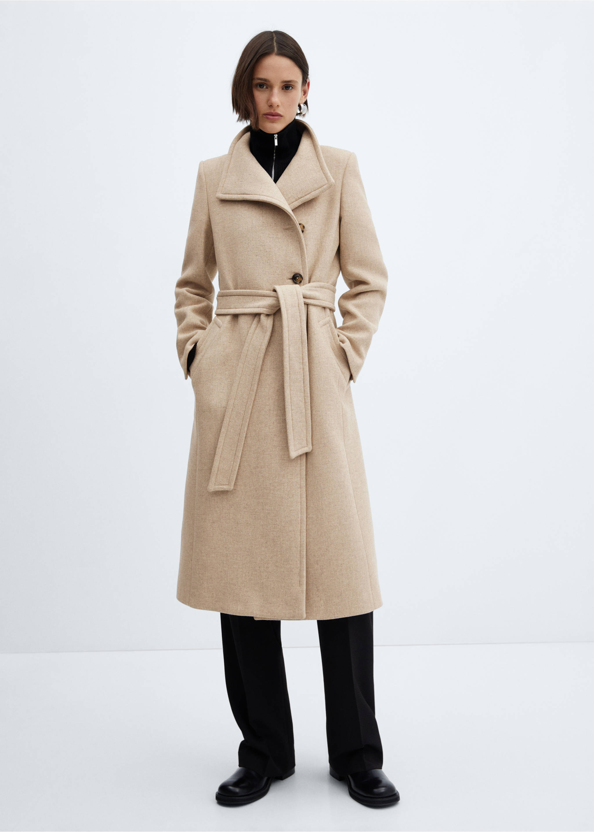 Manteco wool coat with belt - General plane, Medium Brown. Ref: 67020671-00.