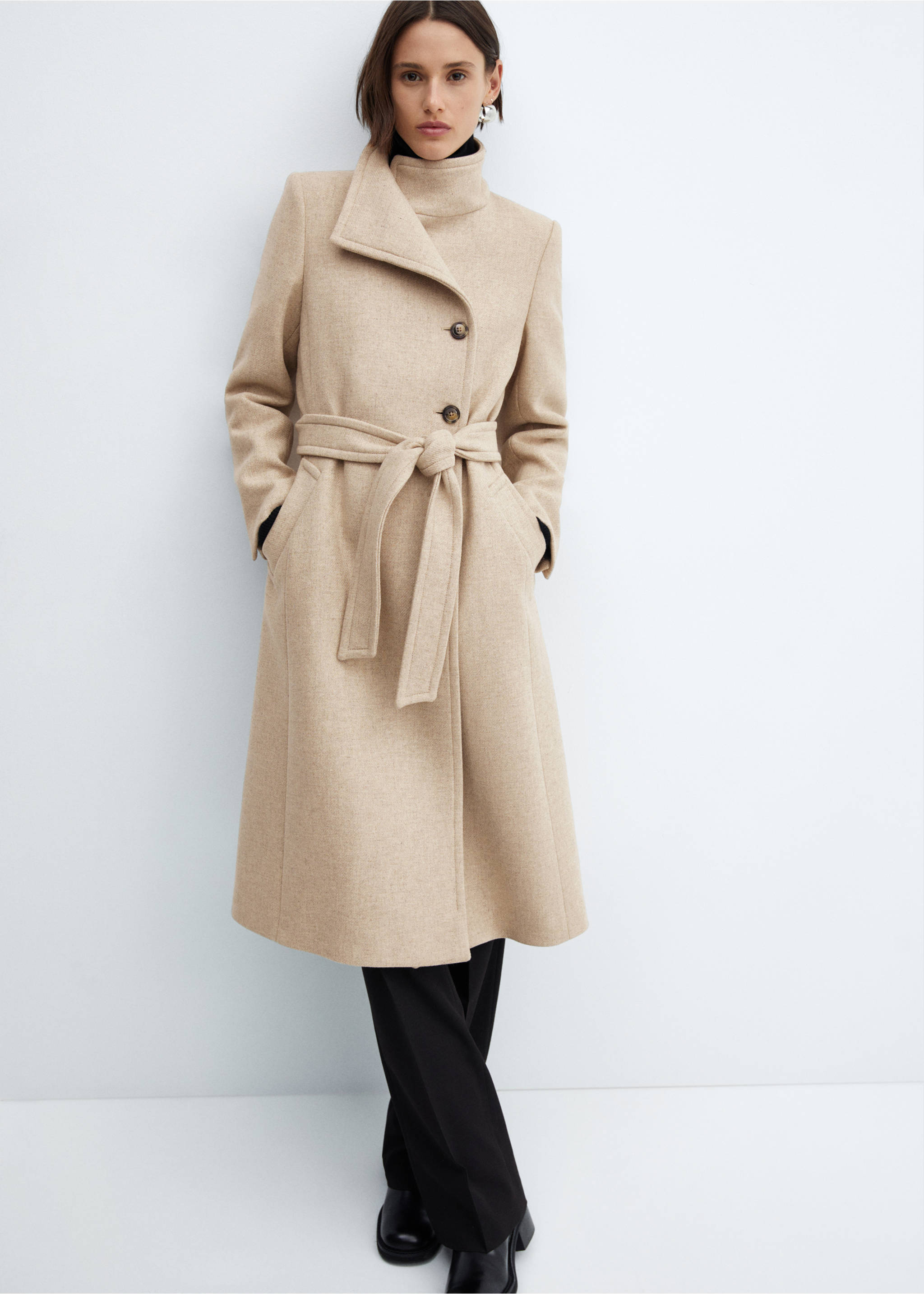 Manteco wool coat with belt - Details of the article 2, Medium Brown. Ref: 67020671-00.