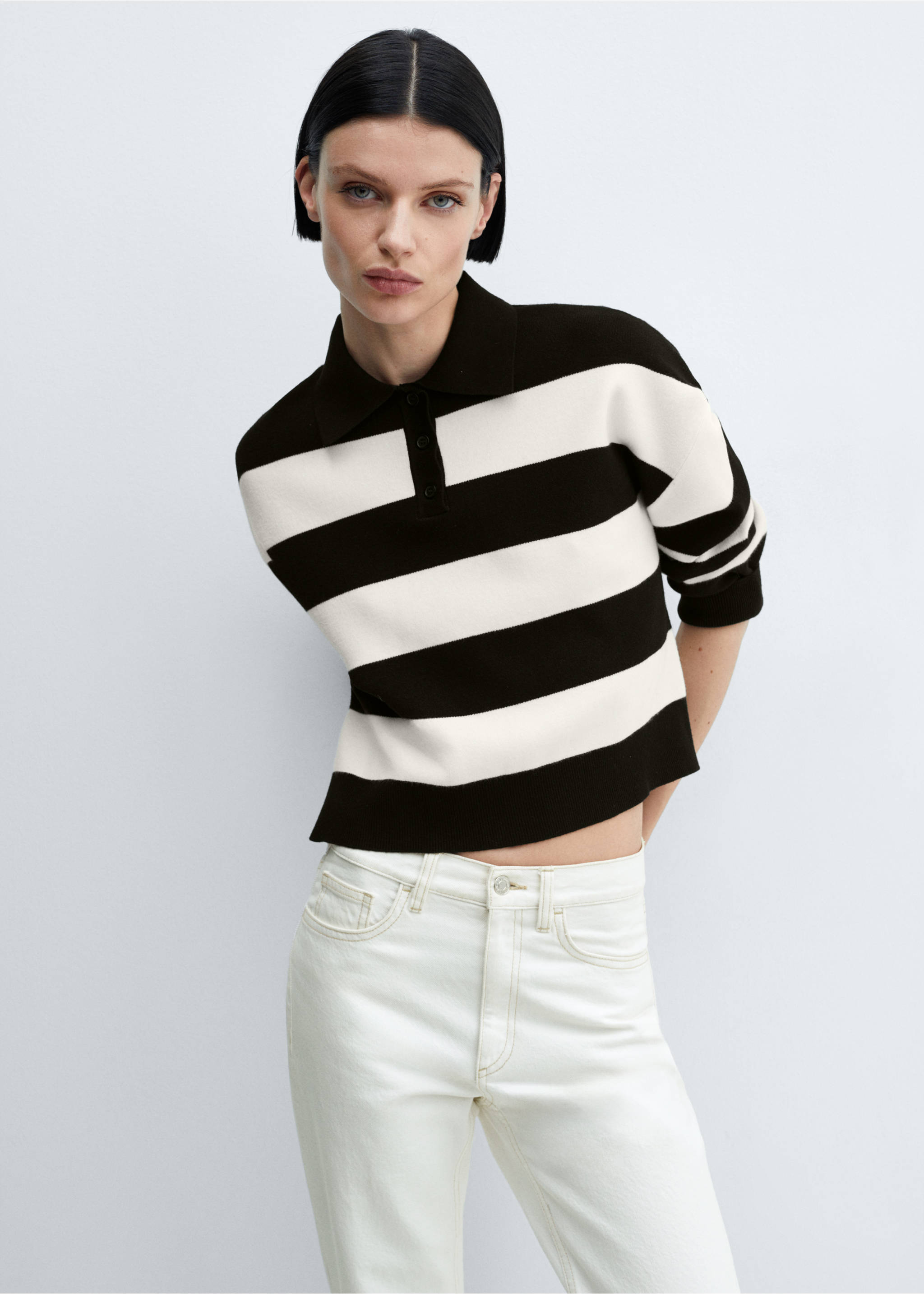 Striped polo-neck sweater - Medium plane, Black. Ref: 67023272-00.