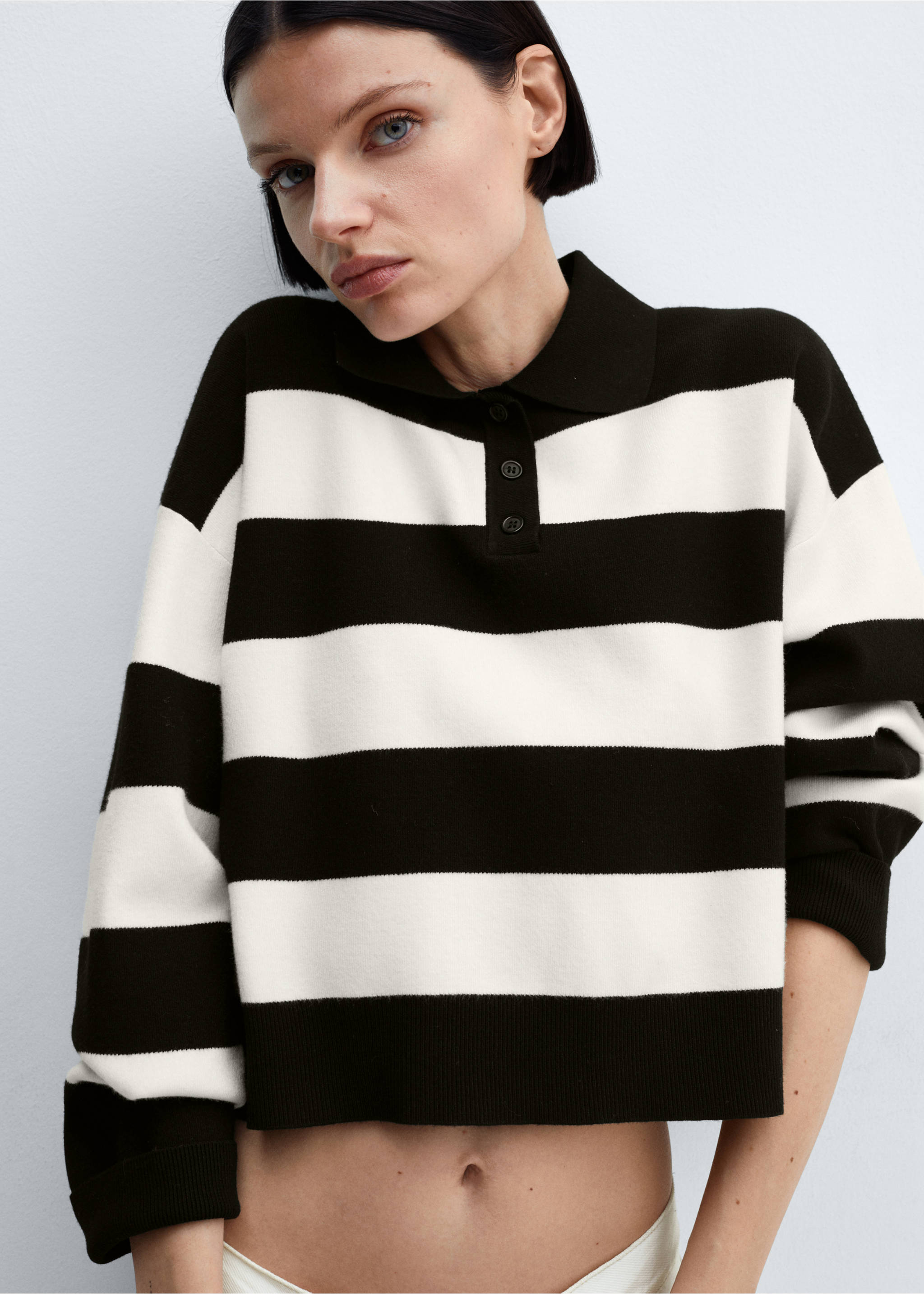 Striped polo-neck sweater - Details of the article 1, Black. Ref: 67023272-00.