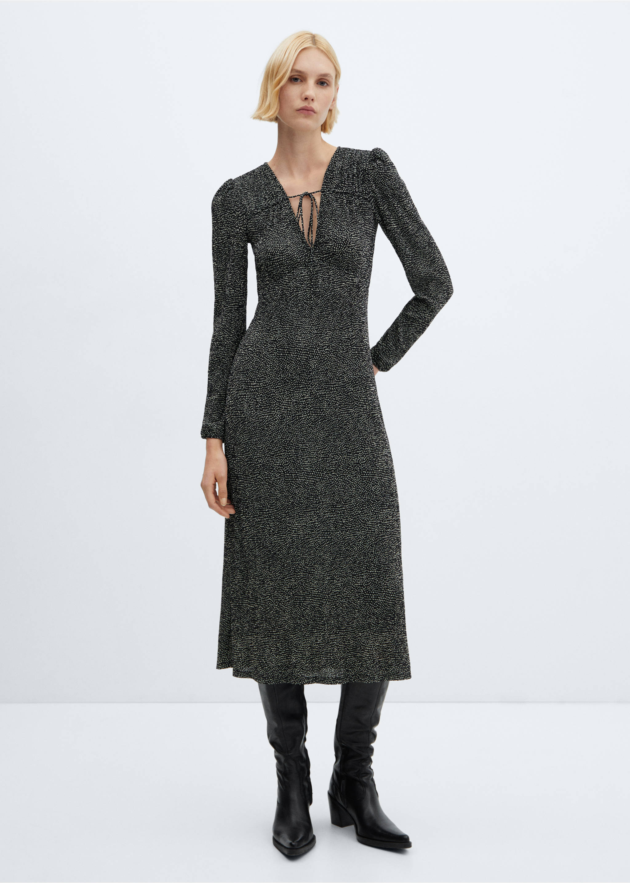 Rochie cu imprimeu și fundă - Plan general, Negru. Ref: 67024788-00.