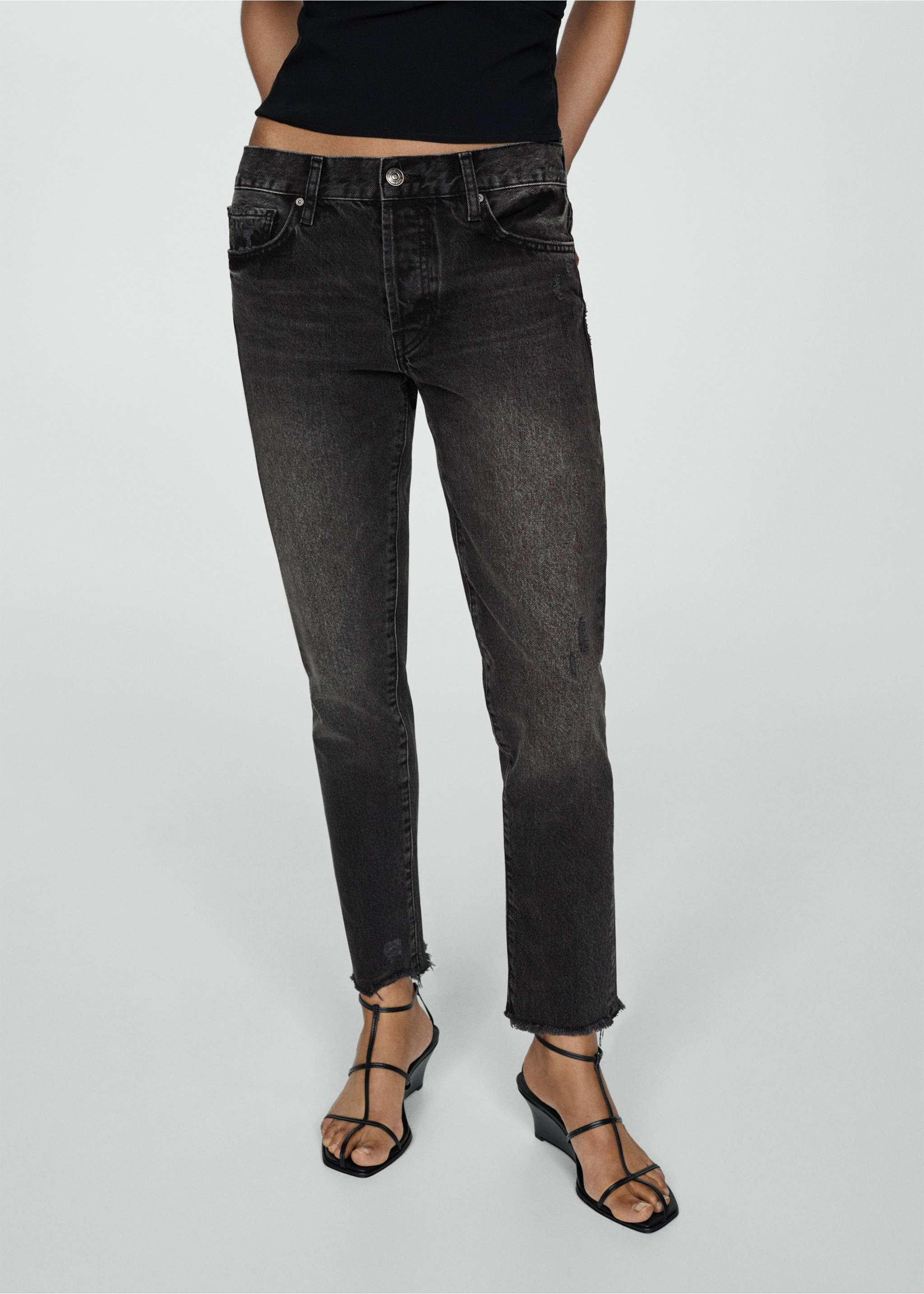 Ripped low-rise girlfriend jeans - Medium plane, Black denim. Ref: 67024791-00.