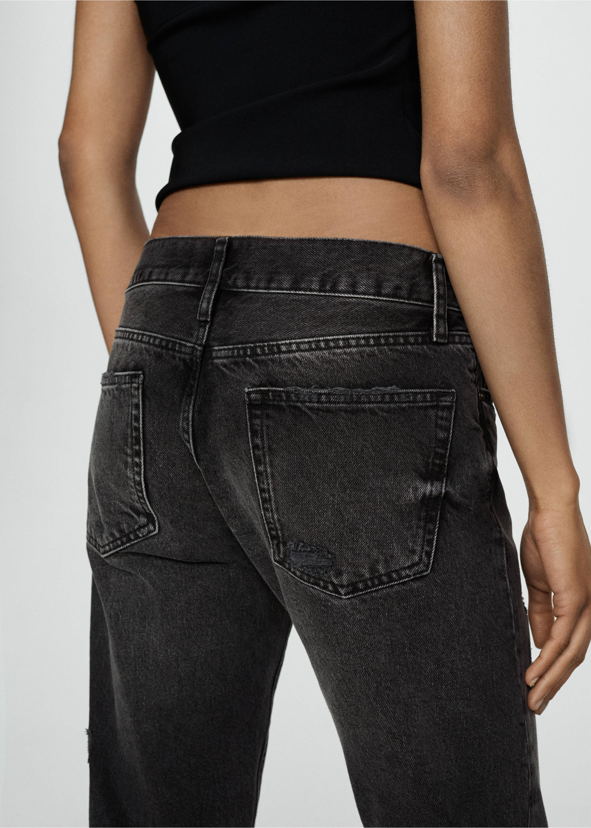 Ripped low-rise girlfriend jeans - Details of the article 1, Black denim. Ref: 67024791-00.