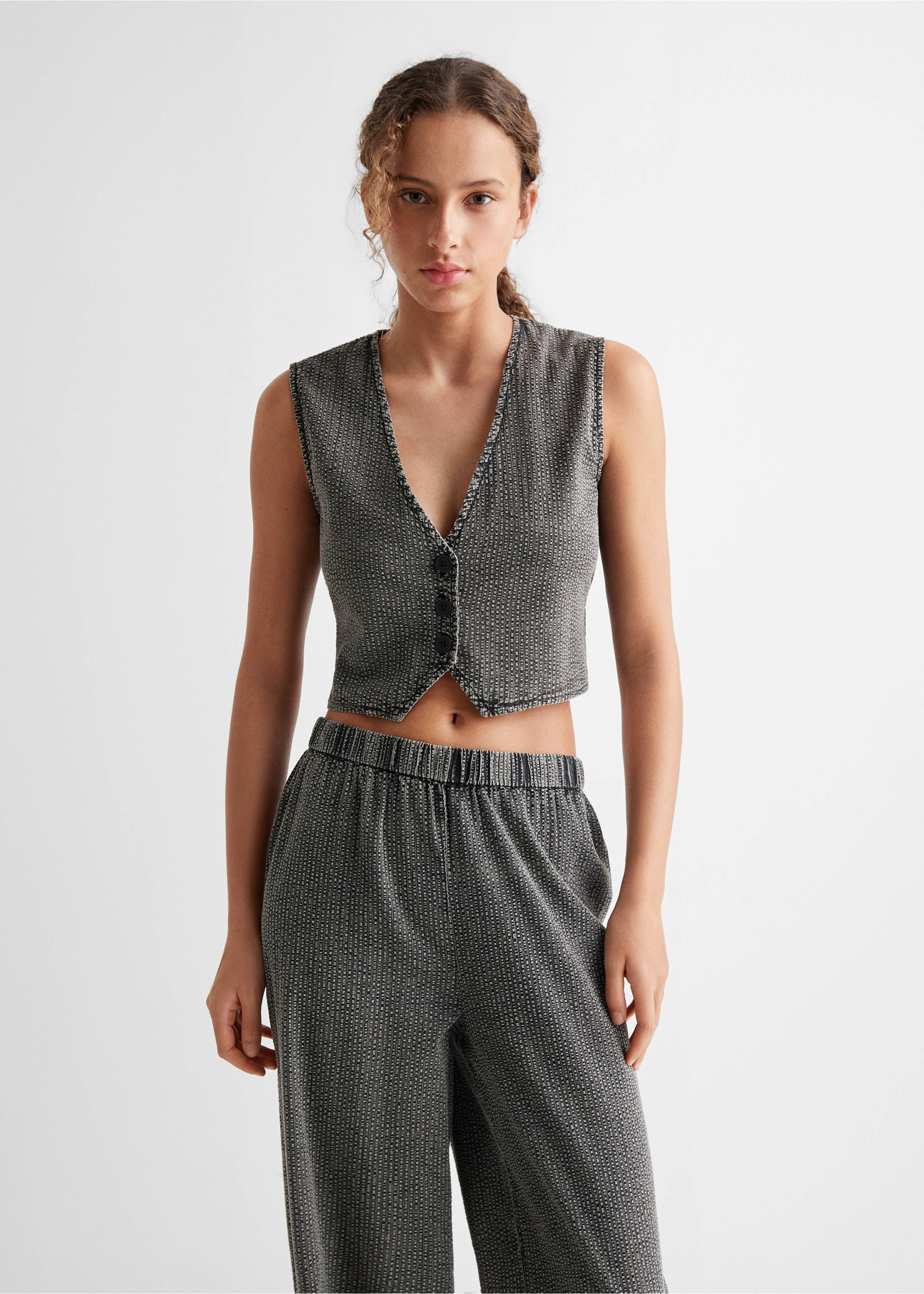 Textured wide leg trousers - Medium plane, Charcoal. Ref: 67025146-00.